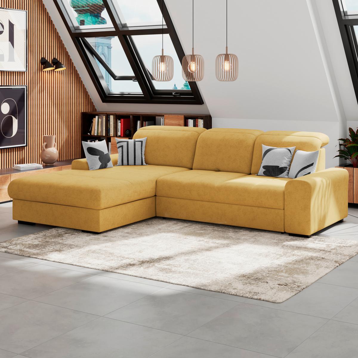 Ecksofa mit Bettfunktion Malaga new Chenille gold - Gelb/Schwarz, KONVENTIONELL, Textil (203/286cm) - Ondega