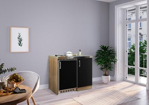 Miniküche mit Kühlschrank + Kochfeld 100 cm Schwarz/Eiche