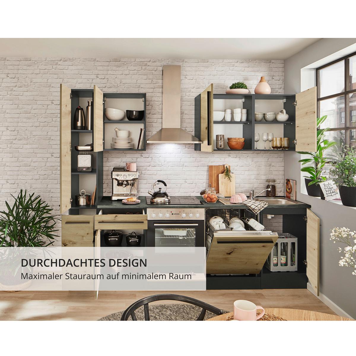 Küchenzeile Jazz 8 Mit Geräten 250 Cm Anthrazit/eiche Dekor - Anthrazit/Eiche Artisan, LIFESTYLE, Holzwerkstoff (250cm) - MID.YOU