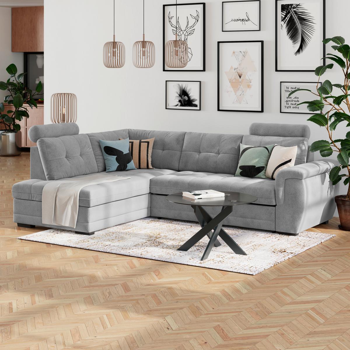 Ecksofa mit Schlaffunktion Falco new hellgrau 251x183 cm - Hellgrau/Schwarz, KONVENTIONELL, Textil (251/183cm) - Ondega