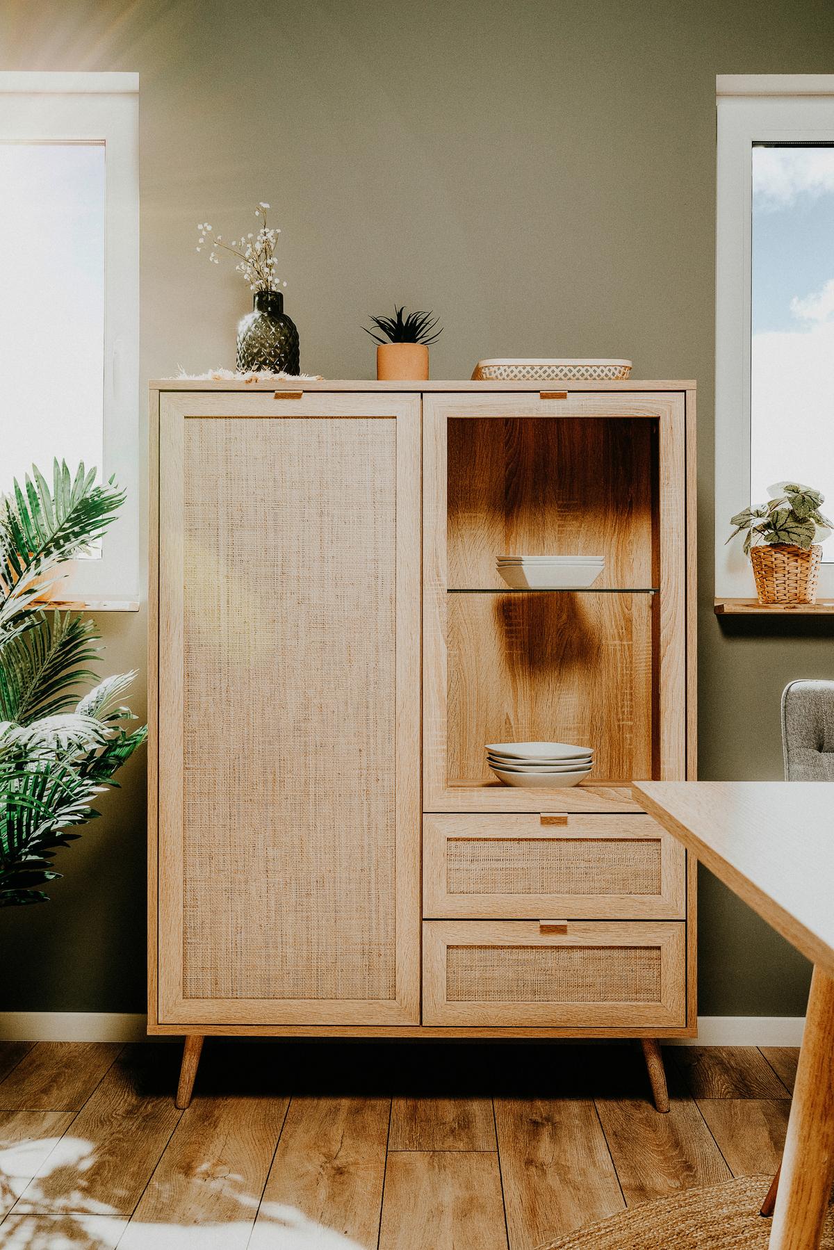 Highboard + Glastür 101,5 Cm Bali, Eiche/geflechtoptik - Sonoma Eiche, Natur, Glas/Holzwerkstoff (101,5/139/40cm) - MID.YOU