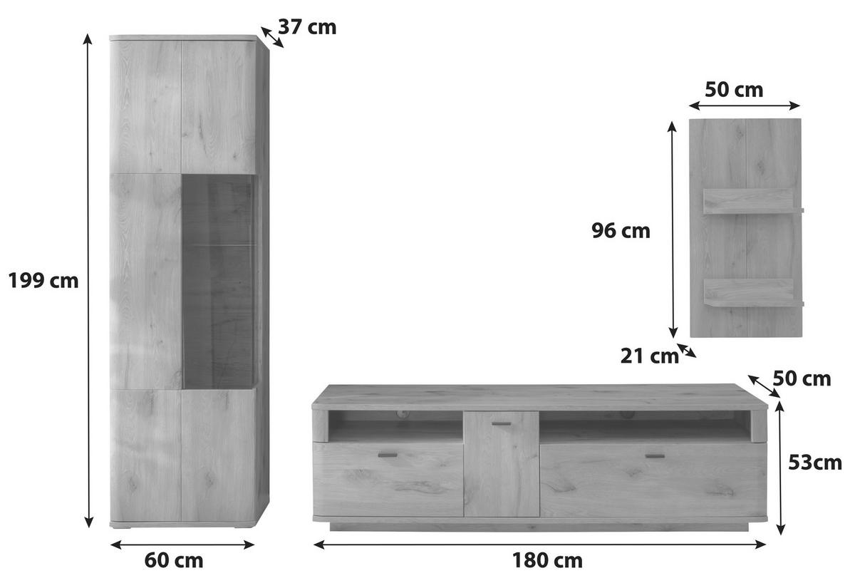 Wohnwand Prato Eiche Dekor B: 270 cm - Eichefarben, Design, Glas/Holzwerkstoff (270/199/50cm) - MID.YOU