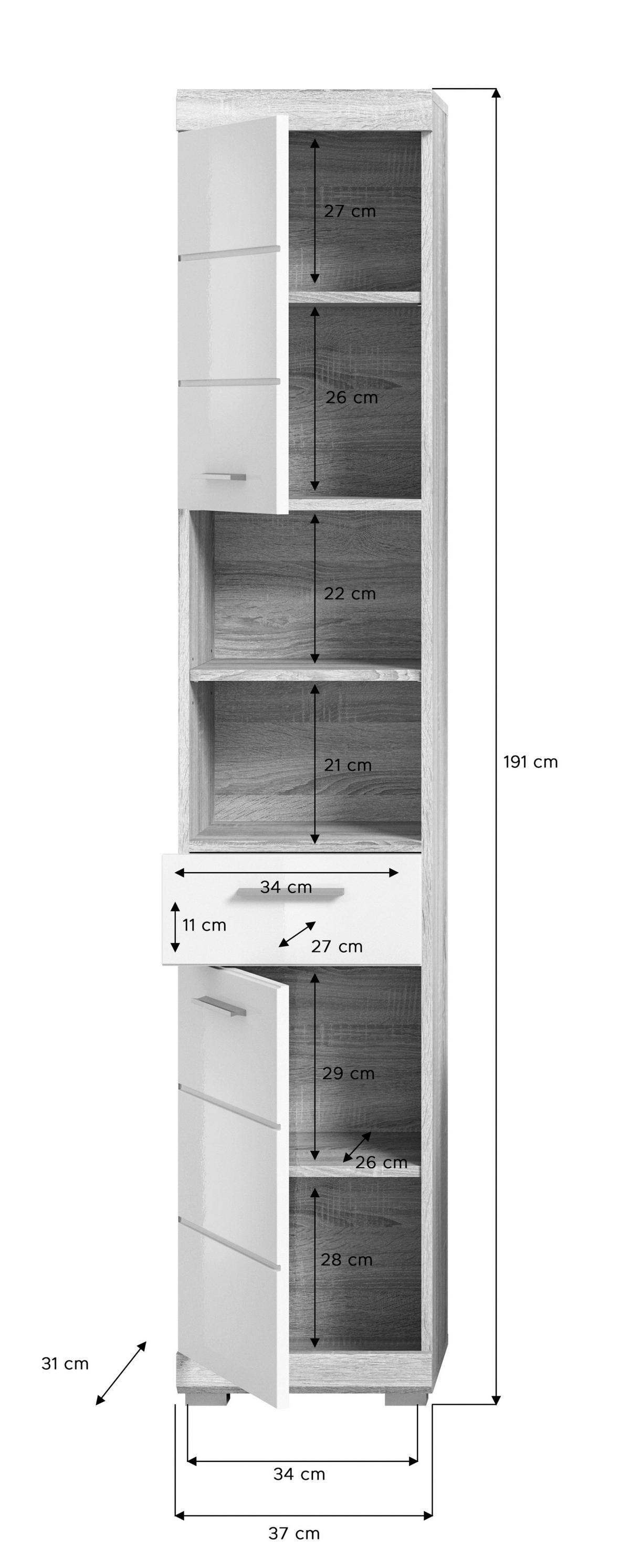 Hochschrank Lambada Sonoma Eiche/Weiß B: 37 cm - Weiß Hochglanz/Eichefarben, MODERN, Holzwerkstoff (37/191/31cm) - MID.YOU