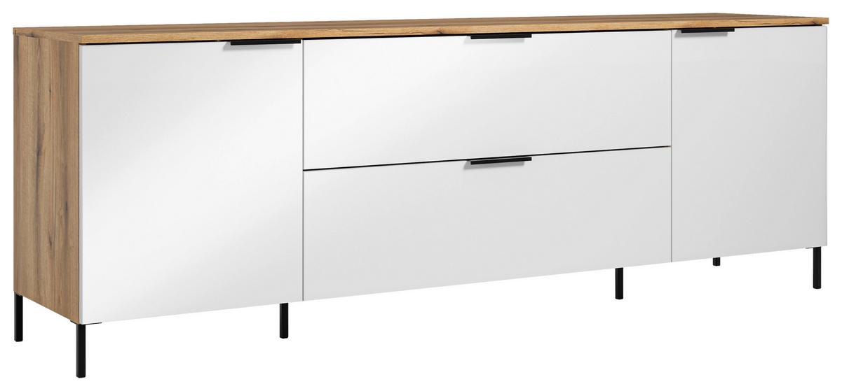 TV-Lowboard Austin 180 cm Eichefarben/Glasfront Weiss - Eichefarben/Schwarz, Trend, Glas/Holzwerkstoff (180/63/40cm)