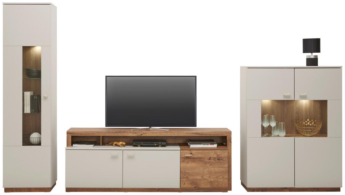 Vitrine Arian B: 100,1 cm Eiche Ribbeck Dekor/Hellgrau - Eichefarben/Hellgrau, MODERN, Glas/Holzwerkstoff (100,1/132,4/37,2cm)
