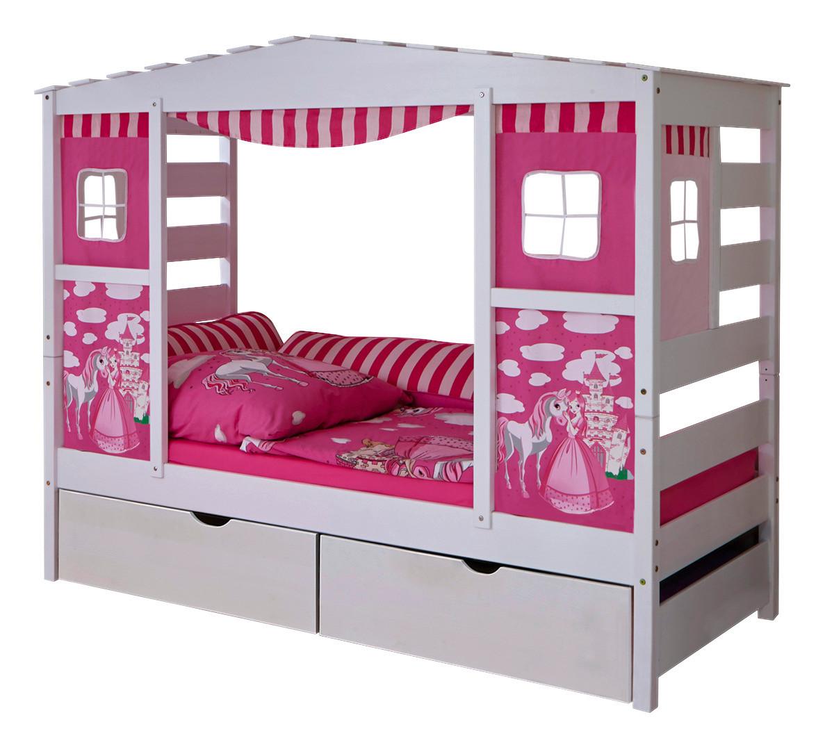 Posteľ v tvare domčeka LIO záves ružový