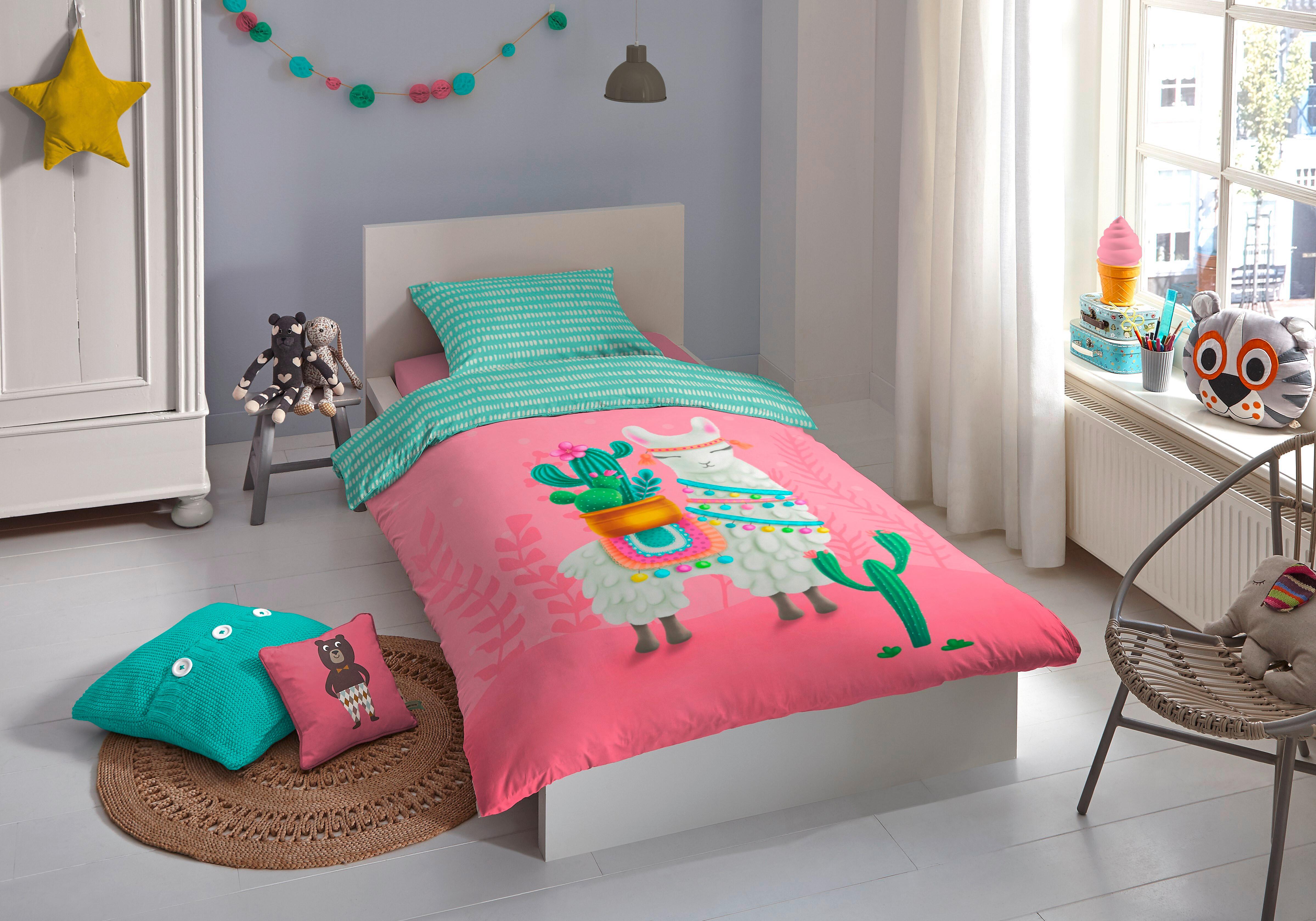 Kinderbettwäsche 140x200 Cm Lalama Tiermotiv Baumwolle - Pink/Multicolor, Basics, Textil (140/200cm)