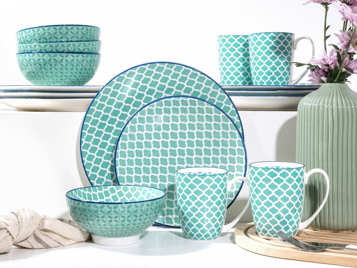 Kombiservice Keramik. Weiß/Petrol, 16--Teilig. - Petrol/Weiß, Basics, Keramik - Creatable