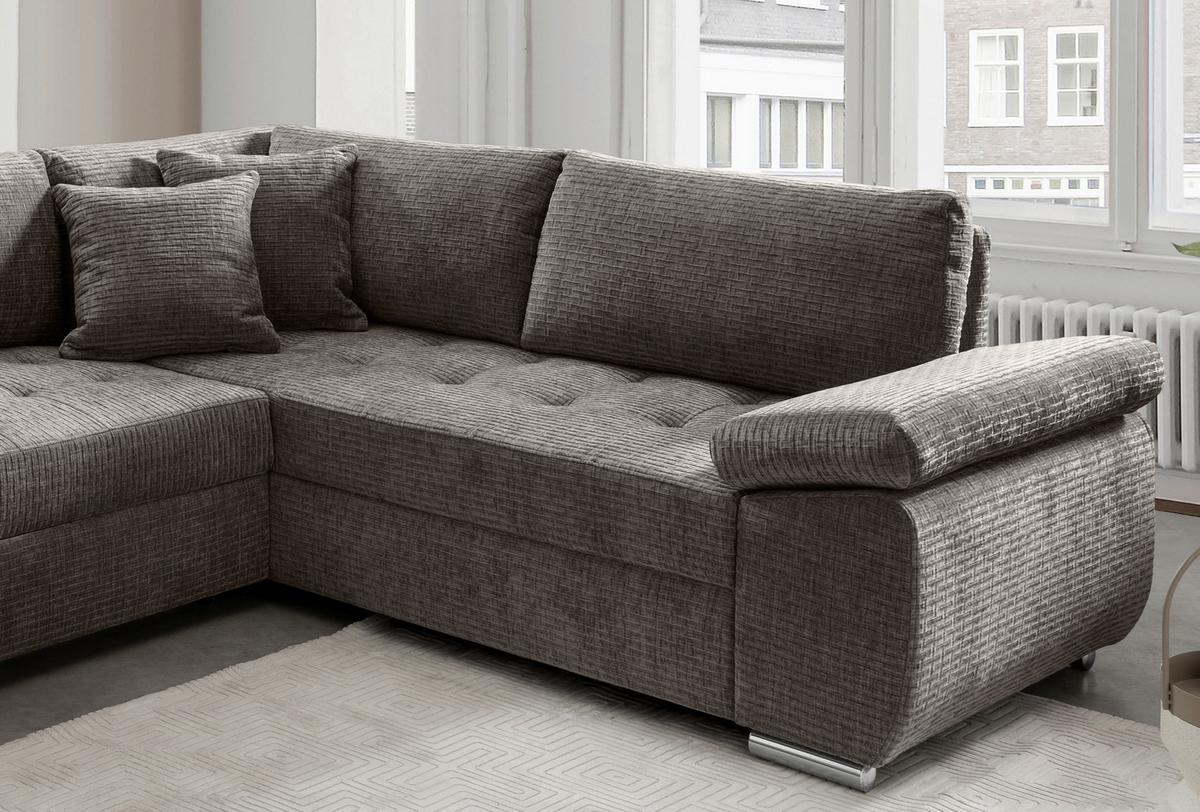 Wohnlandschaft Terana Graubr. mit Schlaffunktion, Mikrofaser - Chromfarben/Graubraun, KONVENTIONELL, Textil (157/305/219cm) - Livetastic