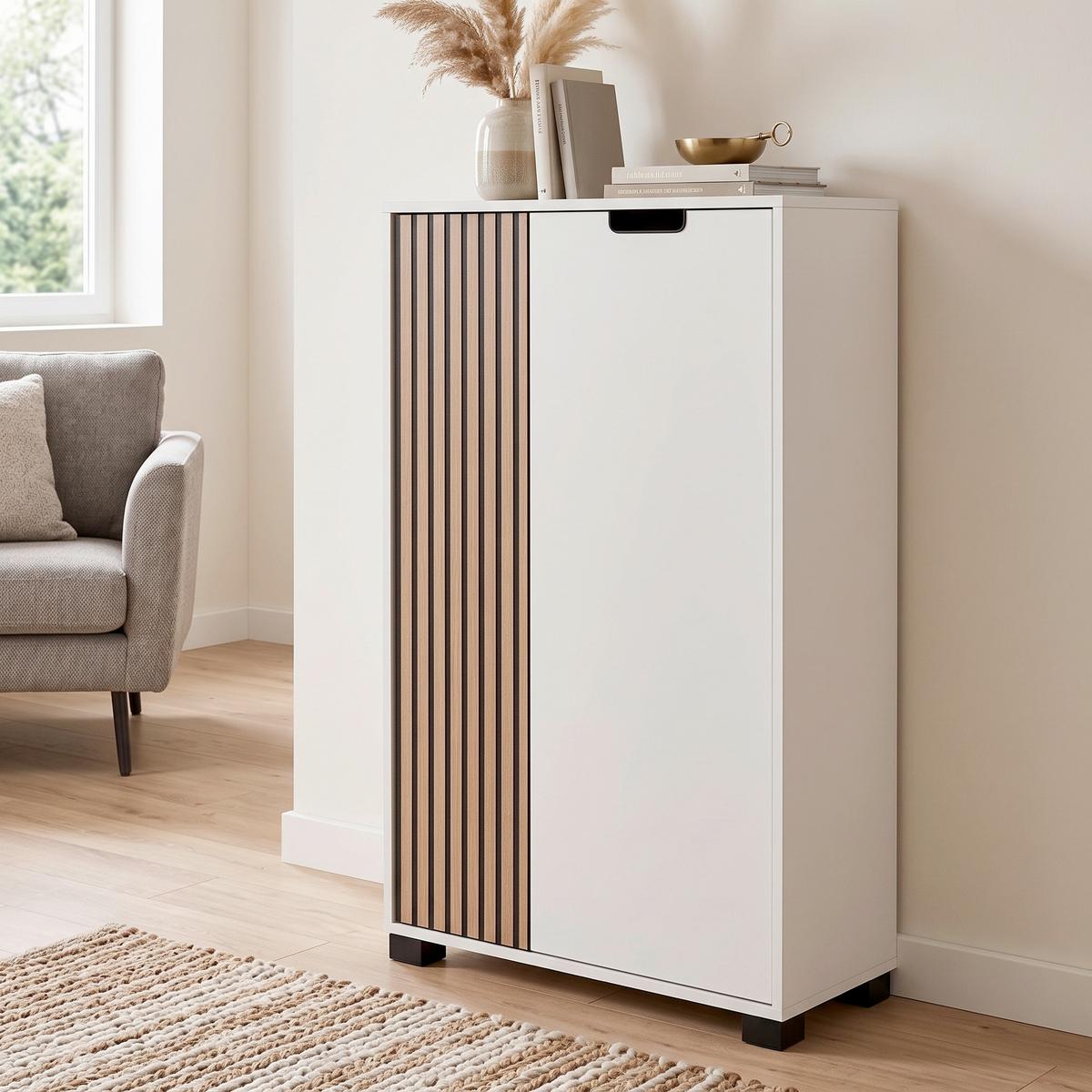 HIGHBOARD Weiß/Eichefarben B: 59,8 cm - Eichefarben/Schwarz, Design, Holzwerkstoff (59,8/124/19,6cm) - MID.YOU