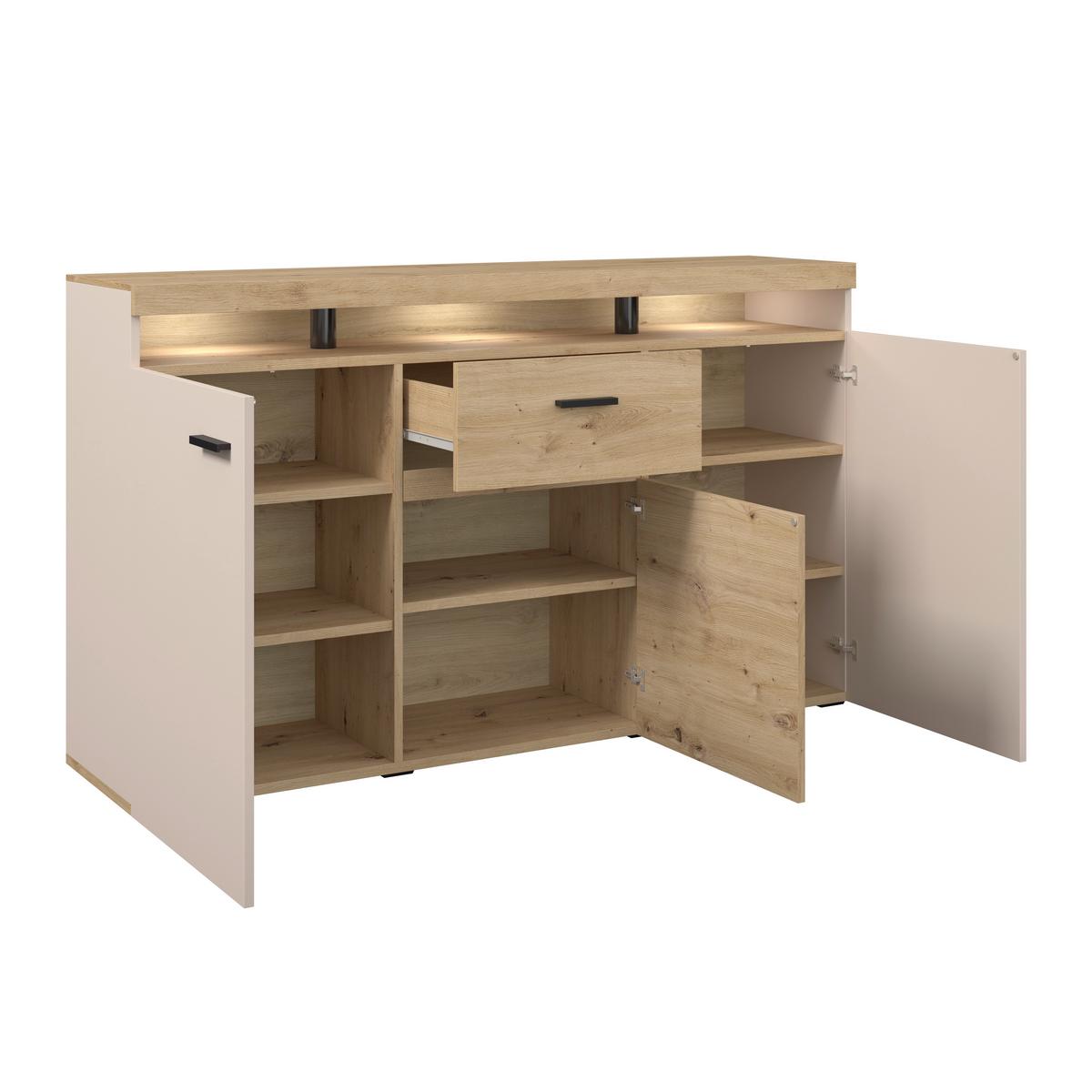 Sideboard Strada Giga Eiche Artisan/Kashmir, B:151cm - Kaschmir/Schwarz, Trend, Glas/Holzwerkstoff (151/89/37cm)