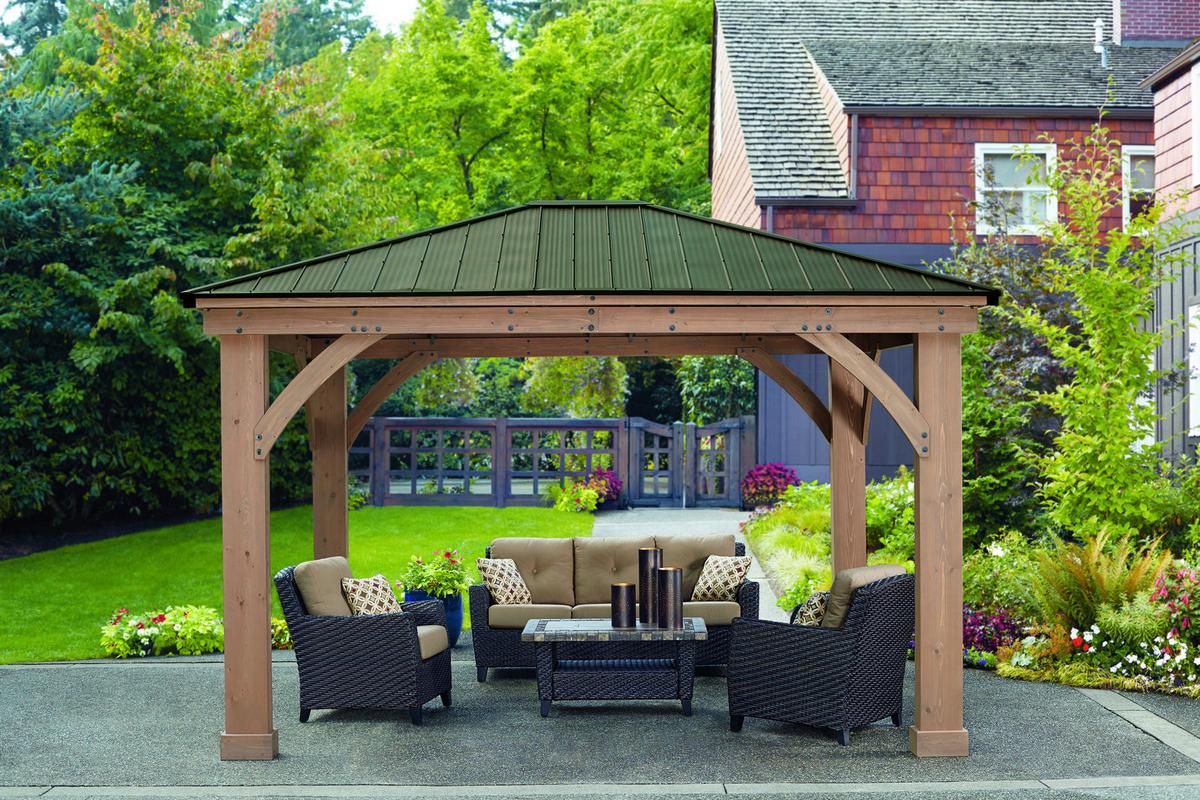 Pavillon Devon 427x365cm wetterfest - Bronzefarben/Mokka, Basics, Holz/Metall (427/317,5/365cm)