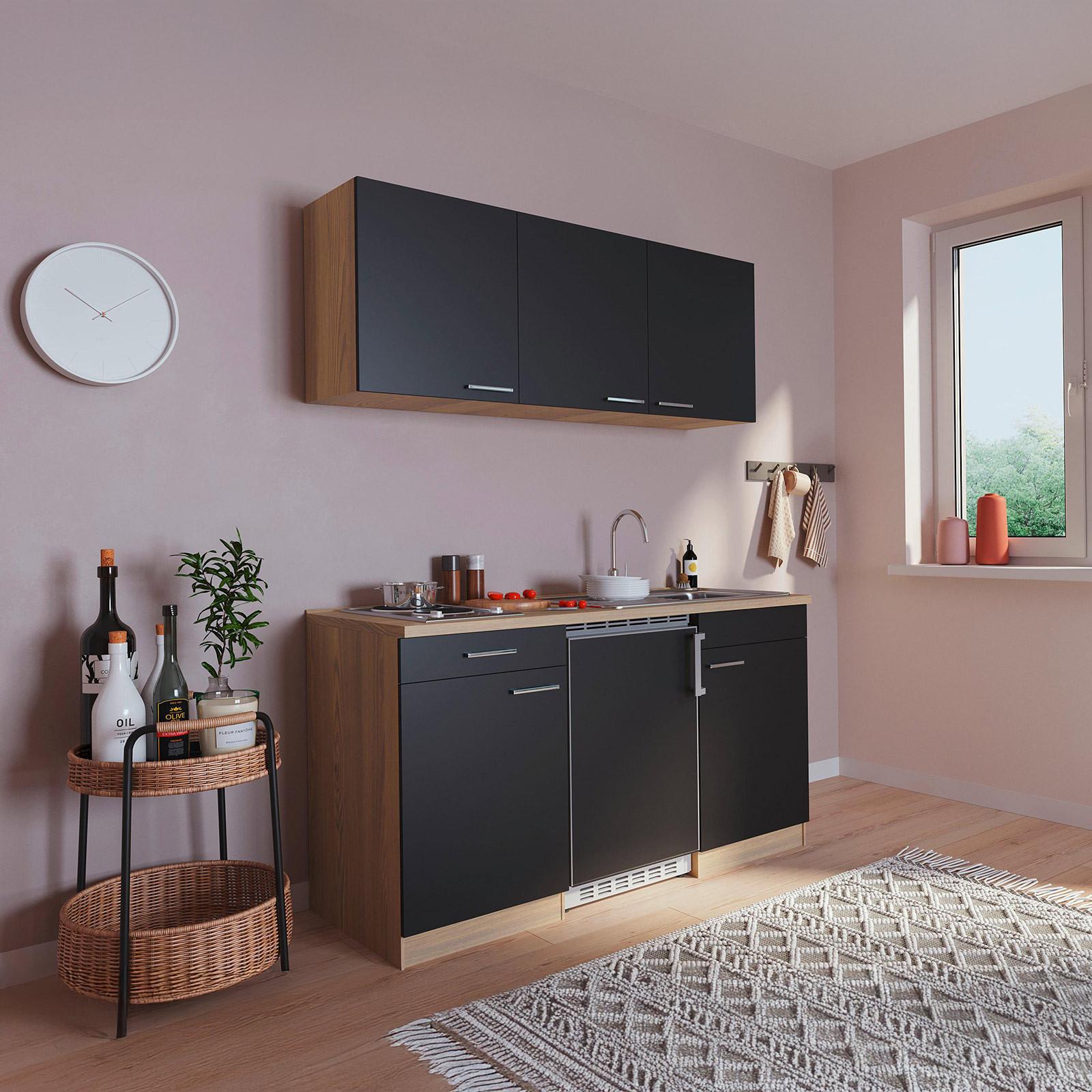 Miniküche mit Kühlschrank + Kochfeld 150 cm Schwarz/Eiche - Eichefarben/Schwarz, Basics, Holzwerkstoff (150cm) - Respekta