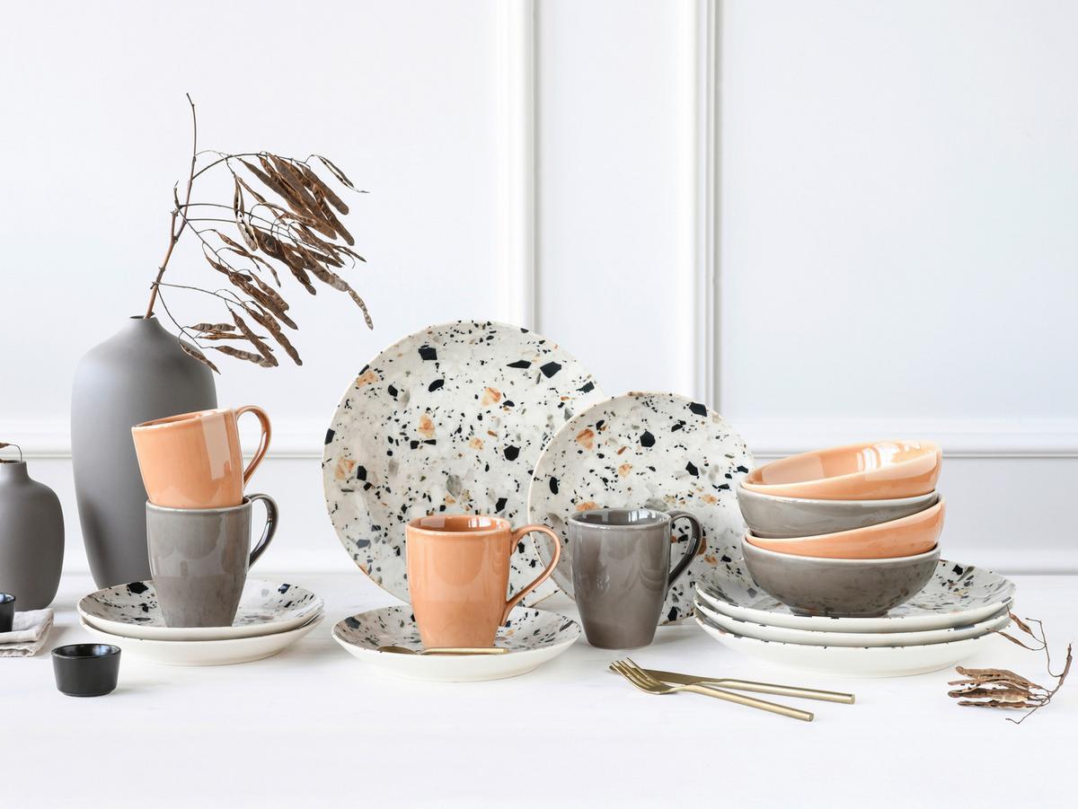 Kombiservice Terrazzo Mix, Grau, 16-Tlg. - Koralle/Multicolor, Basics, Keramik - Creatable