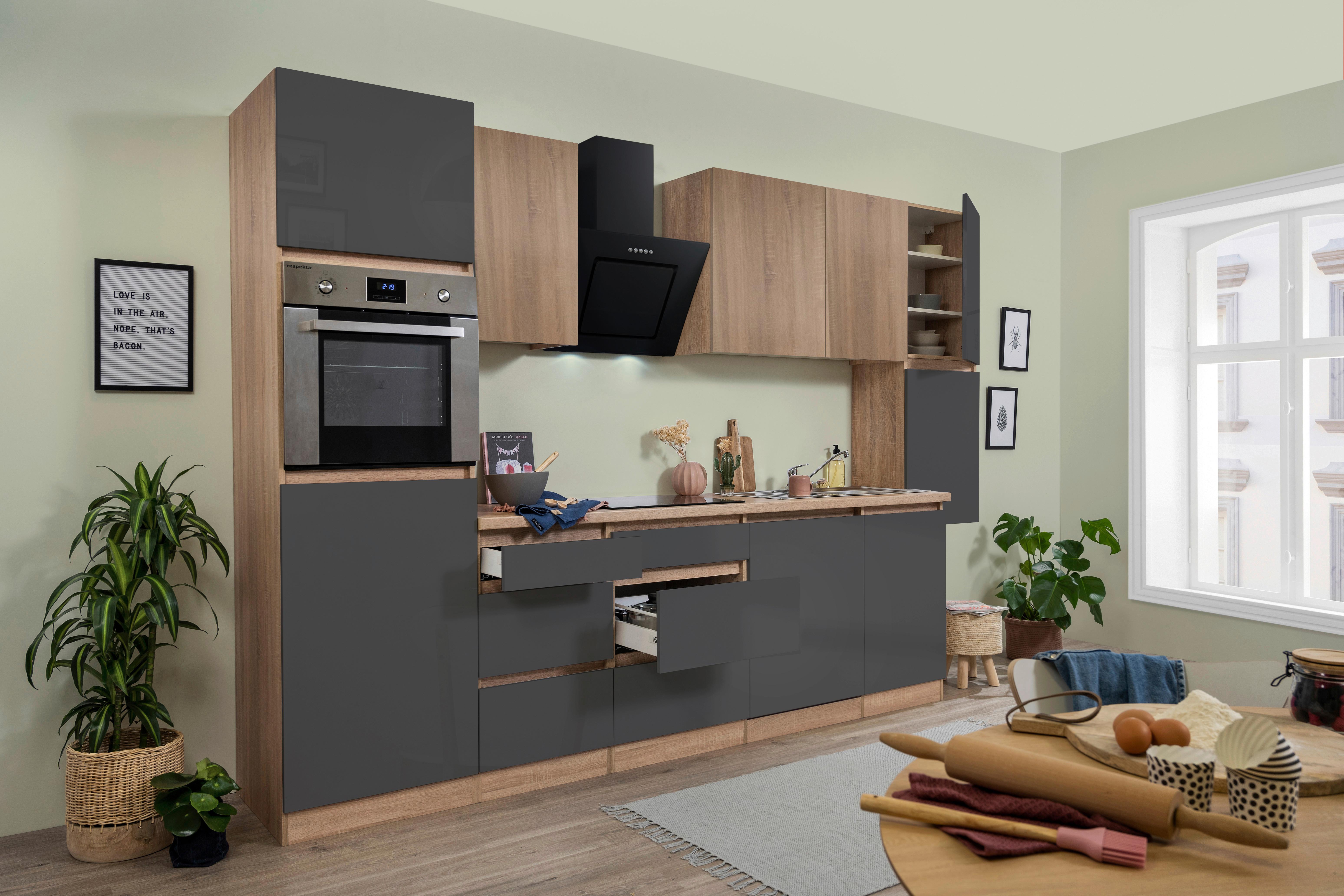 Küchenzeile Premium mit Geräten 330 cm Grau/Eiche Dekor - Eichefarben/Grau, Basics, Holzwerkstoff (330cm) - Respekta