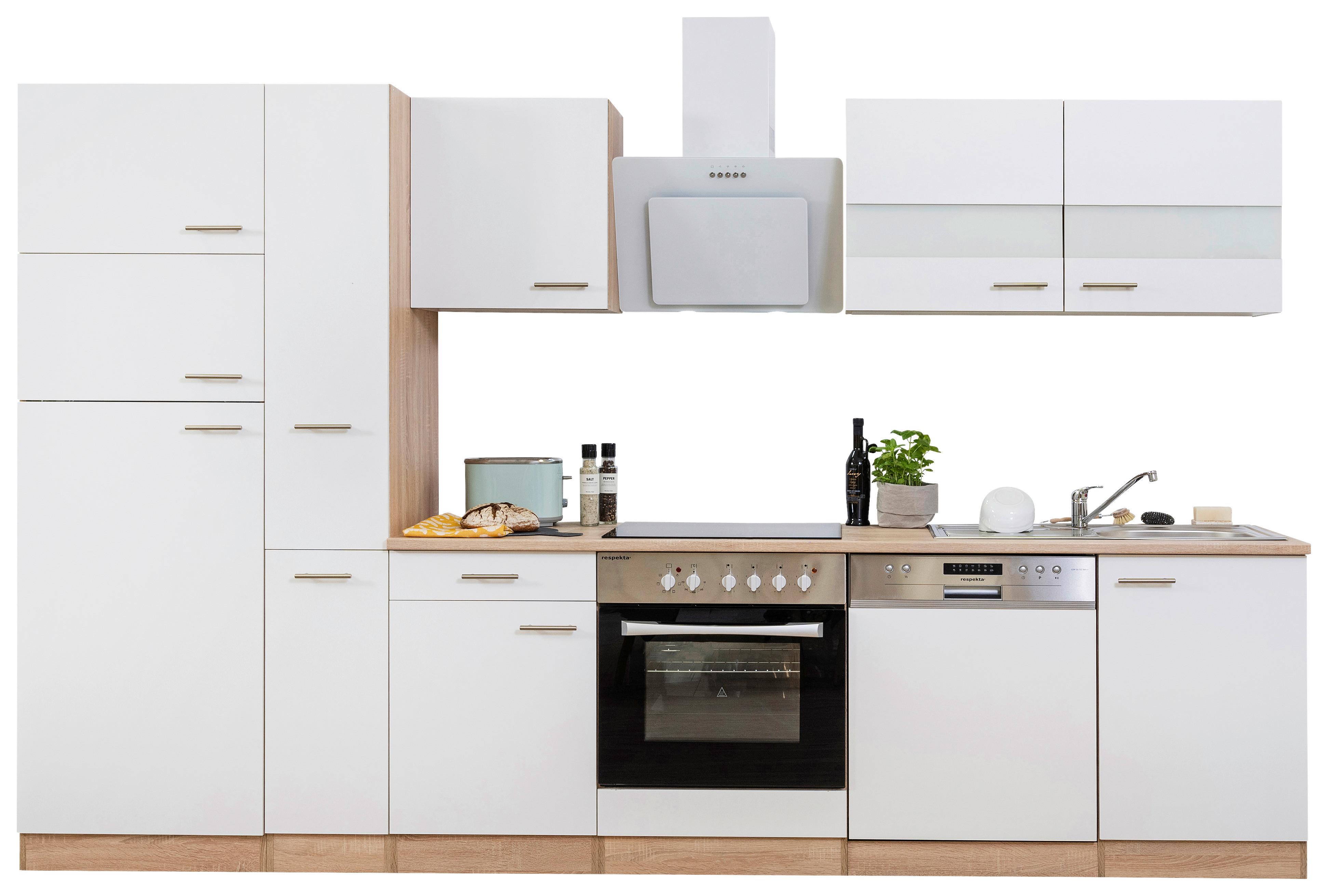 Küchenzeile Economy mit Geräten 310 cm Weiß/Eiche Dekor Modern - Eichefarben/Weiß, Basics, Holzwerkstoff (310cm) - Respekta
