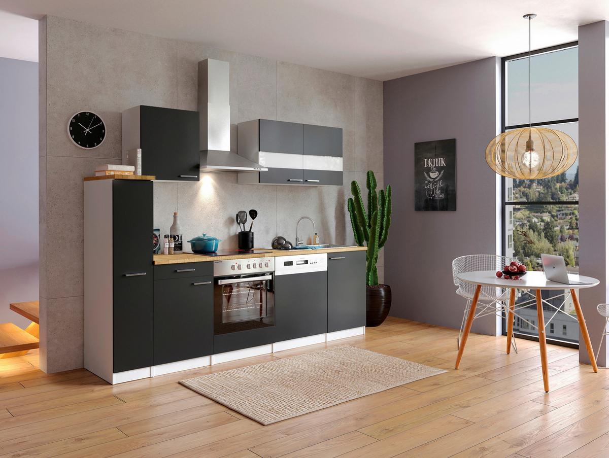 Küchenzeile Economy mit Geräten 250 cm Schwarz/Nussbaum Dekor - Nussbaumfarben/Schwarz, Basics, Holzwerkstoff (250cm) - Respekta