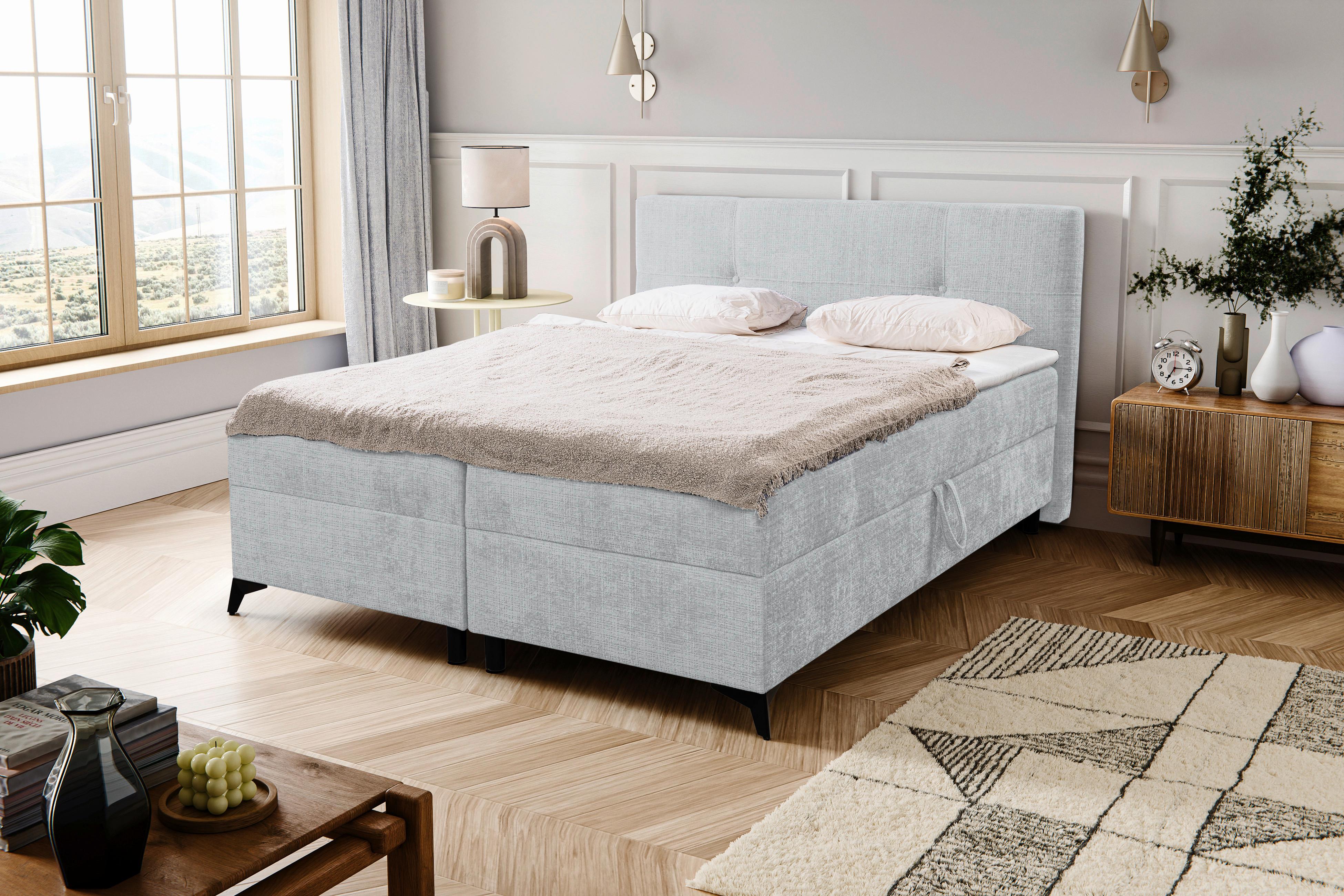 Boxbett Mit Bettkasten Haga Hellgrau 180x200 Cm - Hellgrau/Schwarz, MODERN, Holz/Kunststoff (180/200cm) - MID.YOU