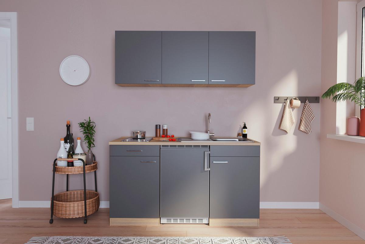Miniküche mit Kühlschrank + Kochfeld 150 cm Grau/Eiche - Eichefarben/Grau, Basics, Holzwerkstoff (150cm) - Respekta