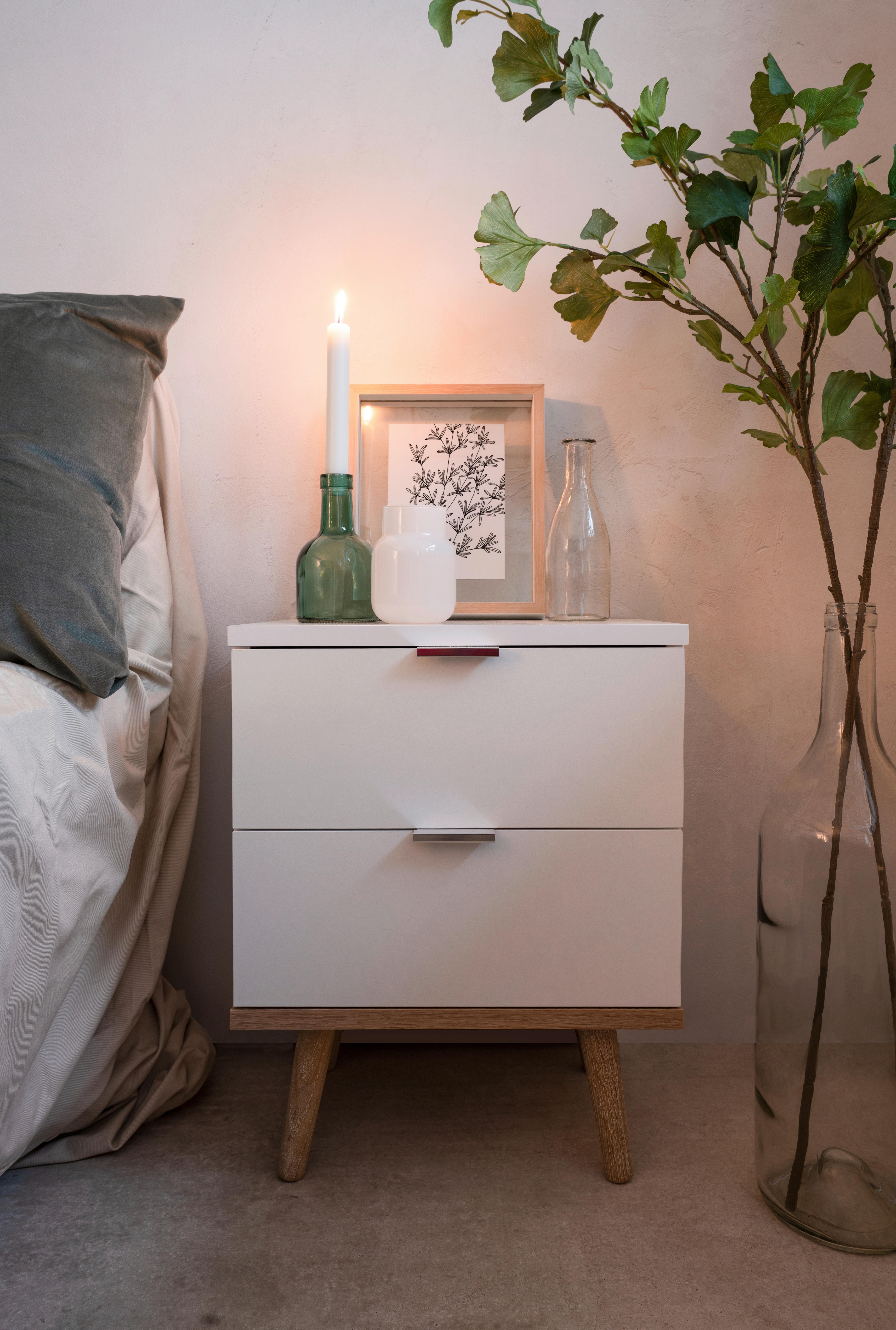 Nachtkästchen Weiß, Beine Echtholz H: 52 cm Göteborg - Eichefarben/Weiß, Design, Holzwerkstoff (40/52/30cm) - MID.YOU