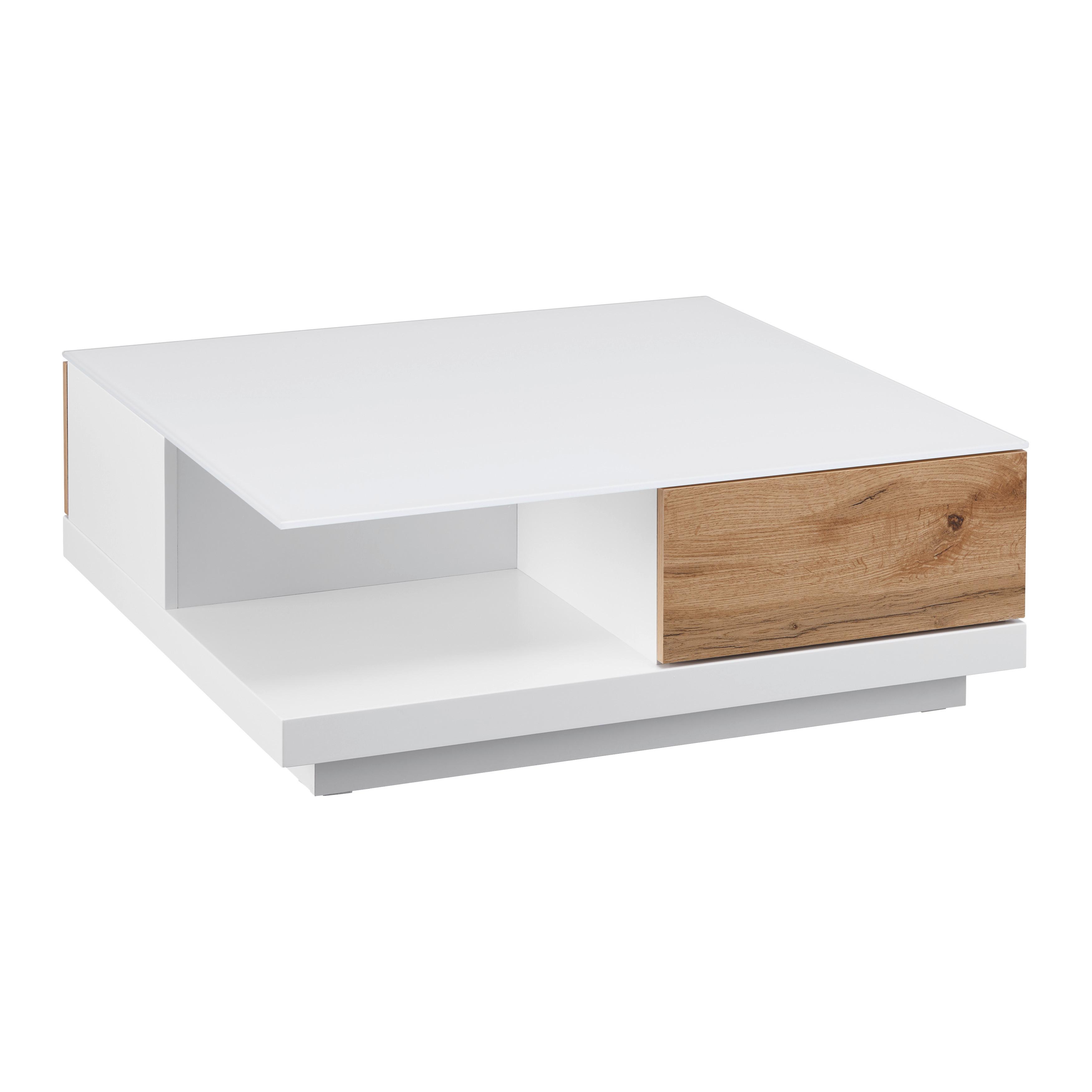 Konferenční stolek NEVIO bílá/dekor dub - bílá/barvy dubu, Moderní, sklo (85/85/30cm) - Bessagi Home