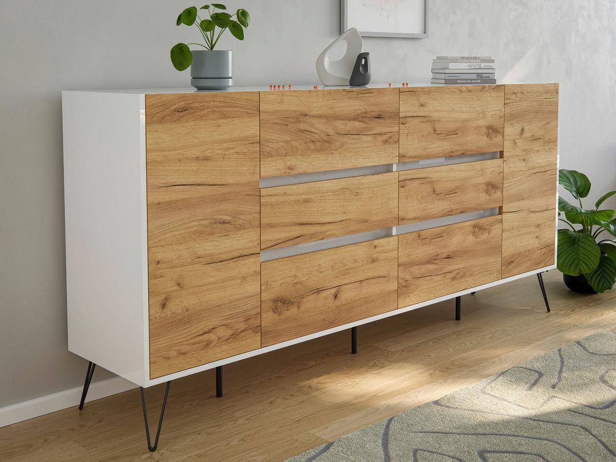 Sideboard Posseik Industrial Weiß/Eichefarben B: 199 cm - Eichefarben/Weiß Hochglanz, Design, Holzwerkstoff (199/93,6/42cm) - P & B