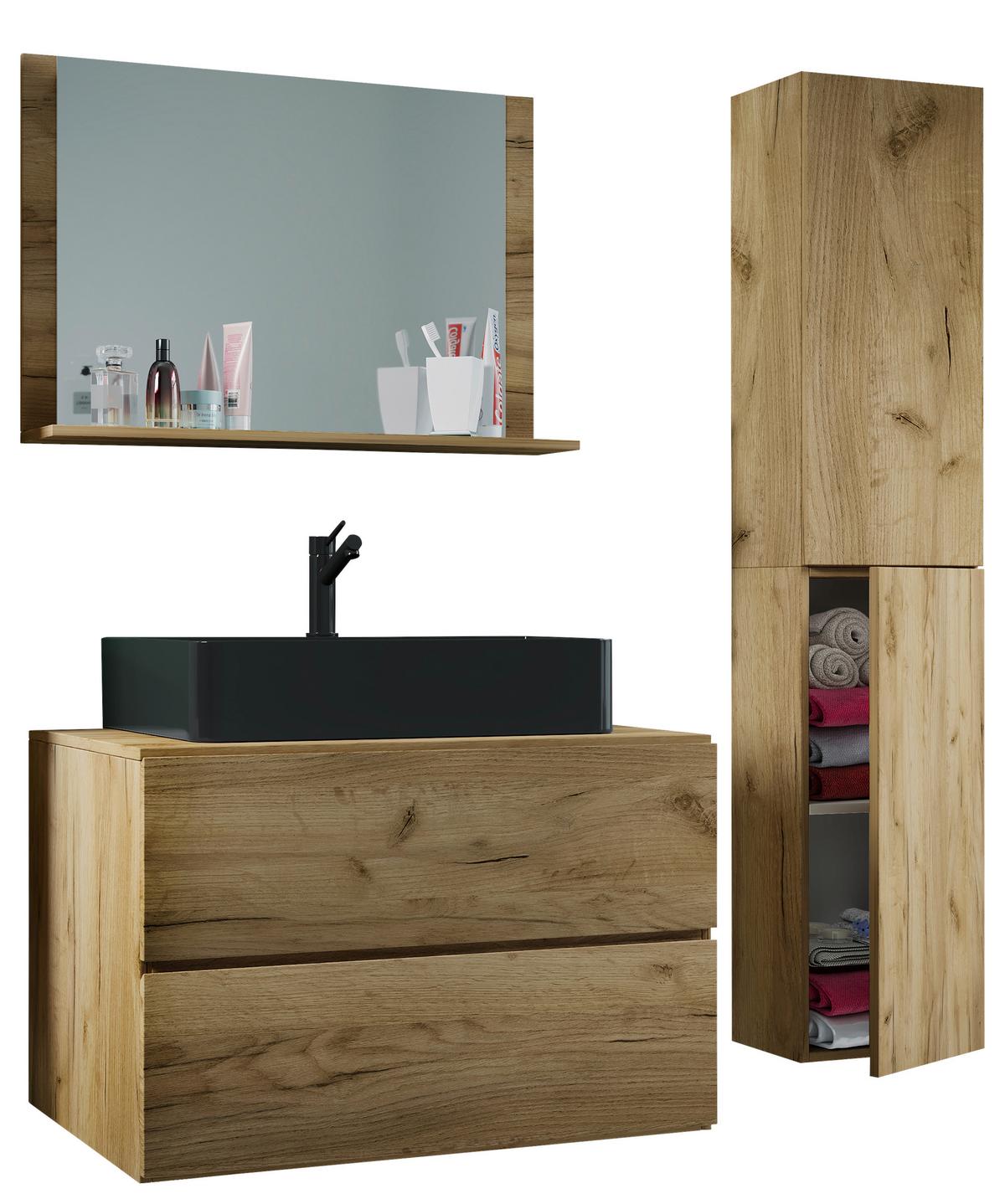 Badezimmer Lendas Bl L - Honigeiche/Schwarz, MODERN, Glas/Keramik (114cm) - MID.YOU