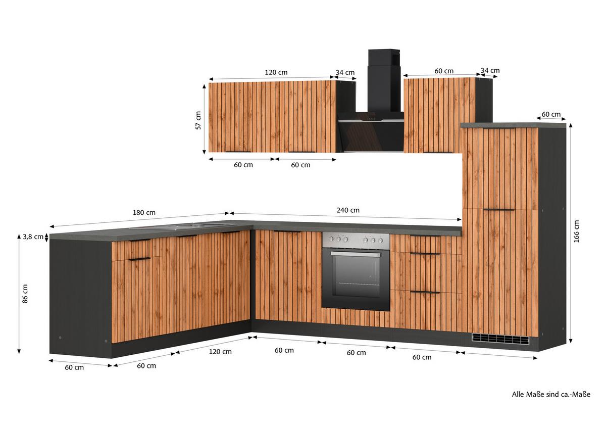 Eckküche Liverpool Graphit/ Eiche Dekor S: 300x240 Cm - Schieferfarben/Eiche Wotan, Basics, Holzwerkstoff (300/240cm) - Held