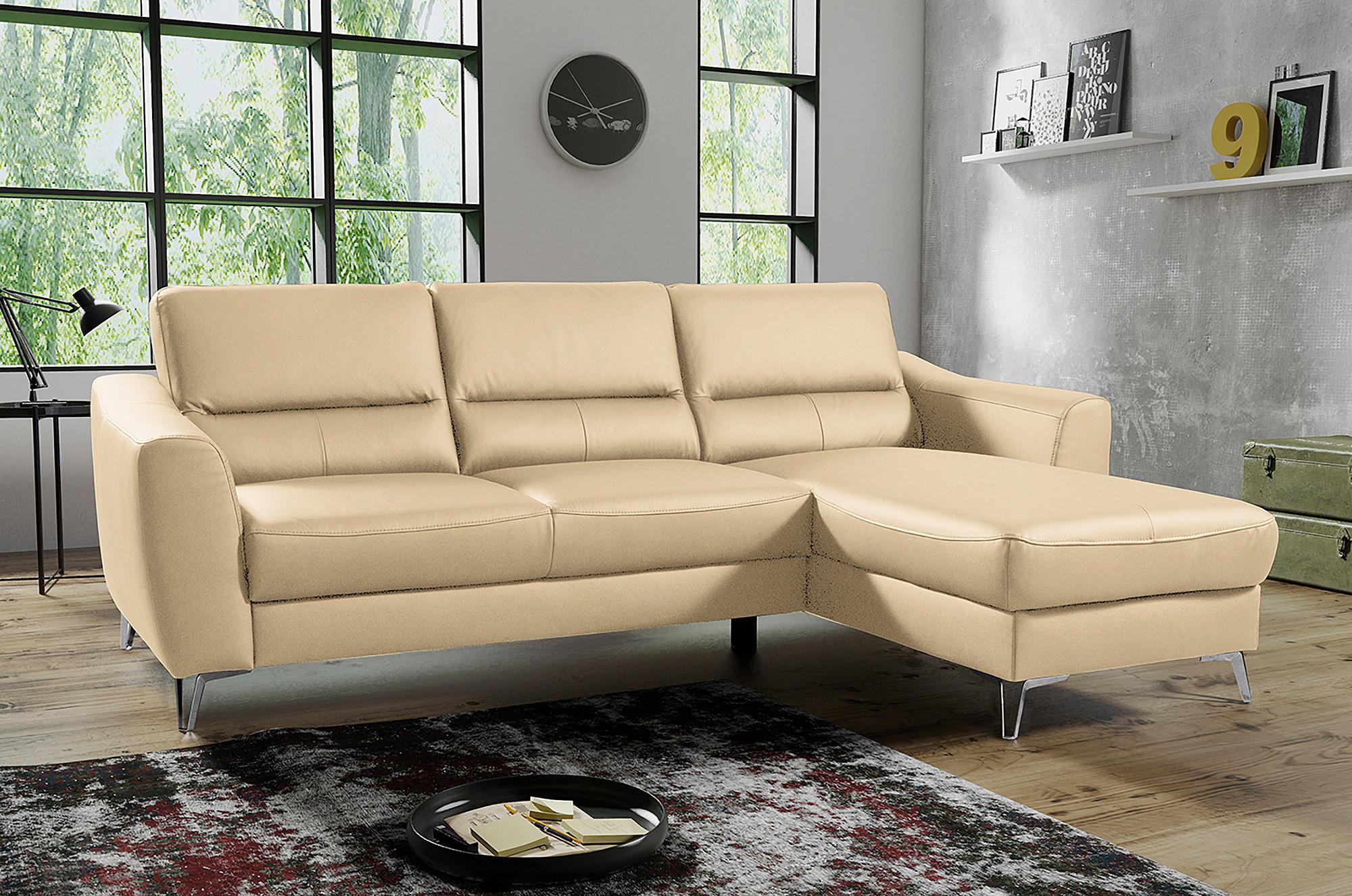 Ecksofa Santos Beige S: 241 cm - Chromfarben/Beige, Design, Leder/Textil (241/168cm) - Livetastic