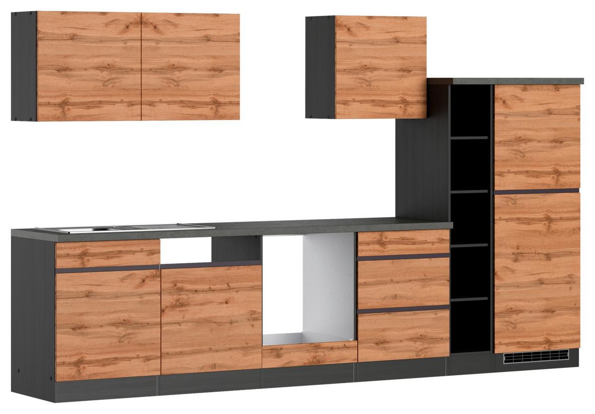 Küchenzeile Turin ohne Geräte B: 330 cm Graphit/Eiche Dekor - Eiche Wotan/Graphitfarben, Design, Holzwerkstoff (330cm) - Held