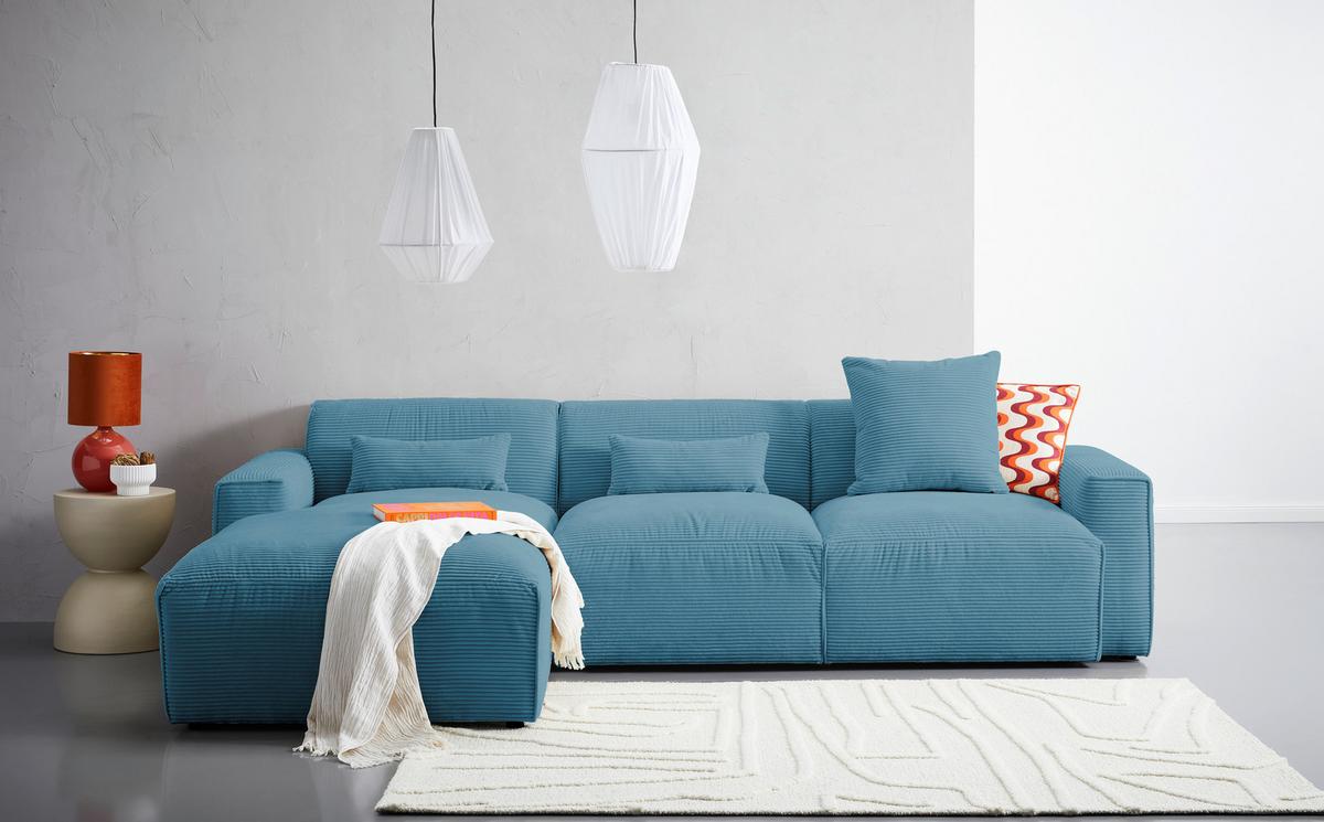 Ecksofa mit Zierkissen Pearl Hellblau 196x303 cm - Schwarz/Hellblau, Design, Textil (196/303cm) - Livetastic