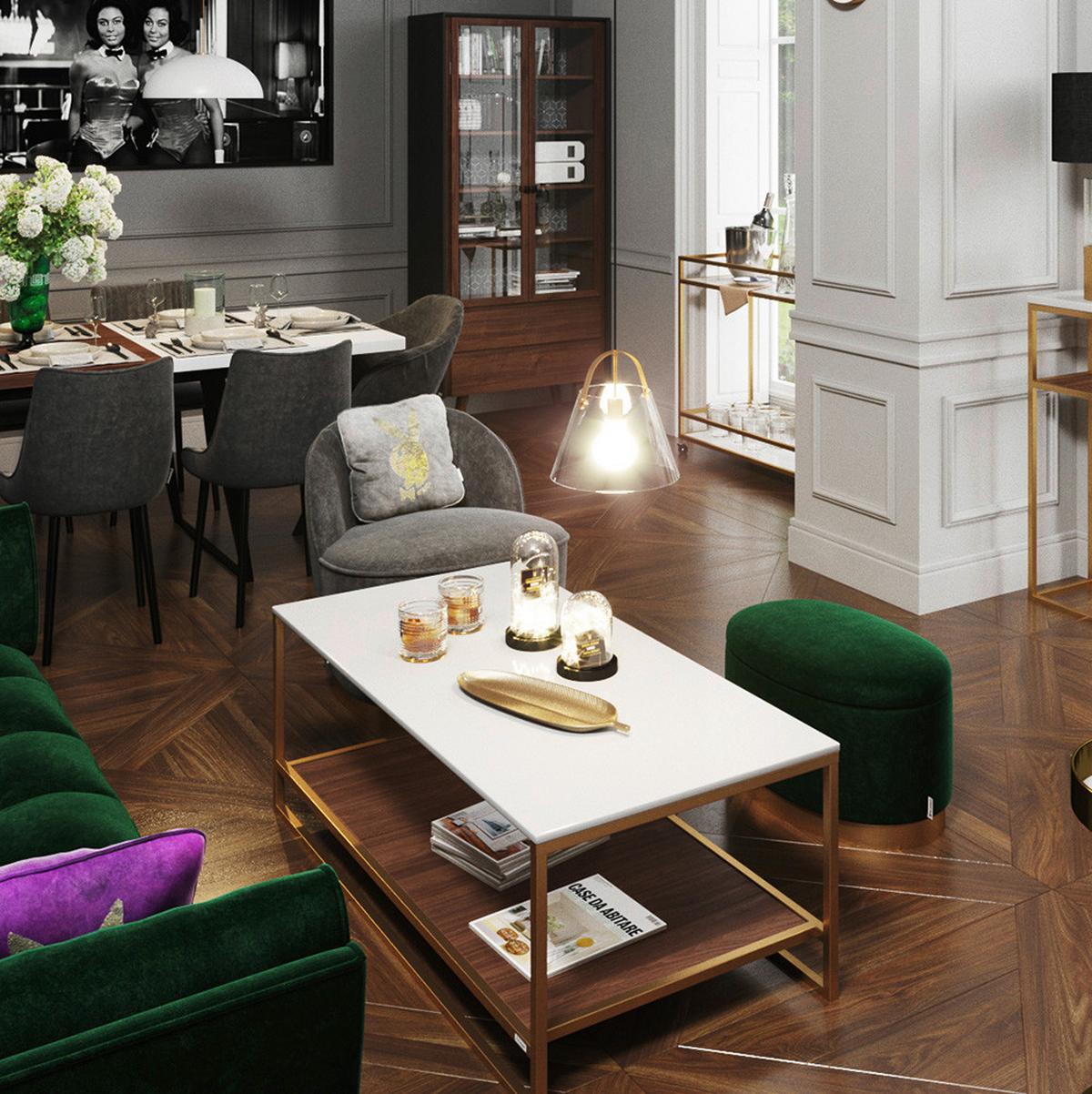 Couchtisch mit Ablagefläche Olivia, Weiß/Braun/Gold - Goldfarben/Nussbaumfarben, KONVENTIONELL, Holzwerkstoff/Metall (120/60/45cm) - Playboy