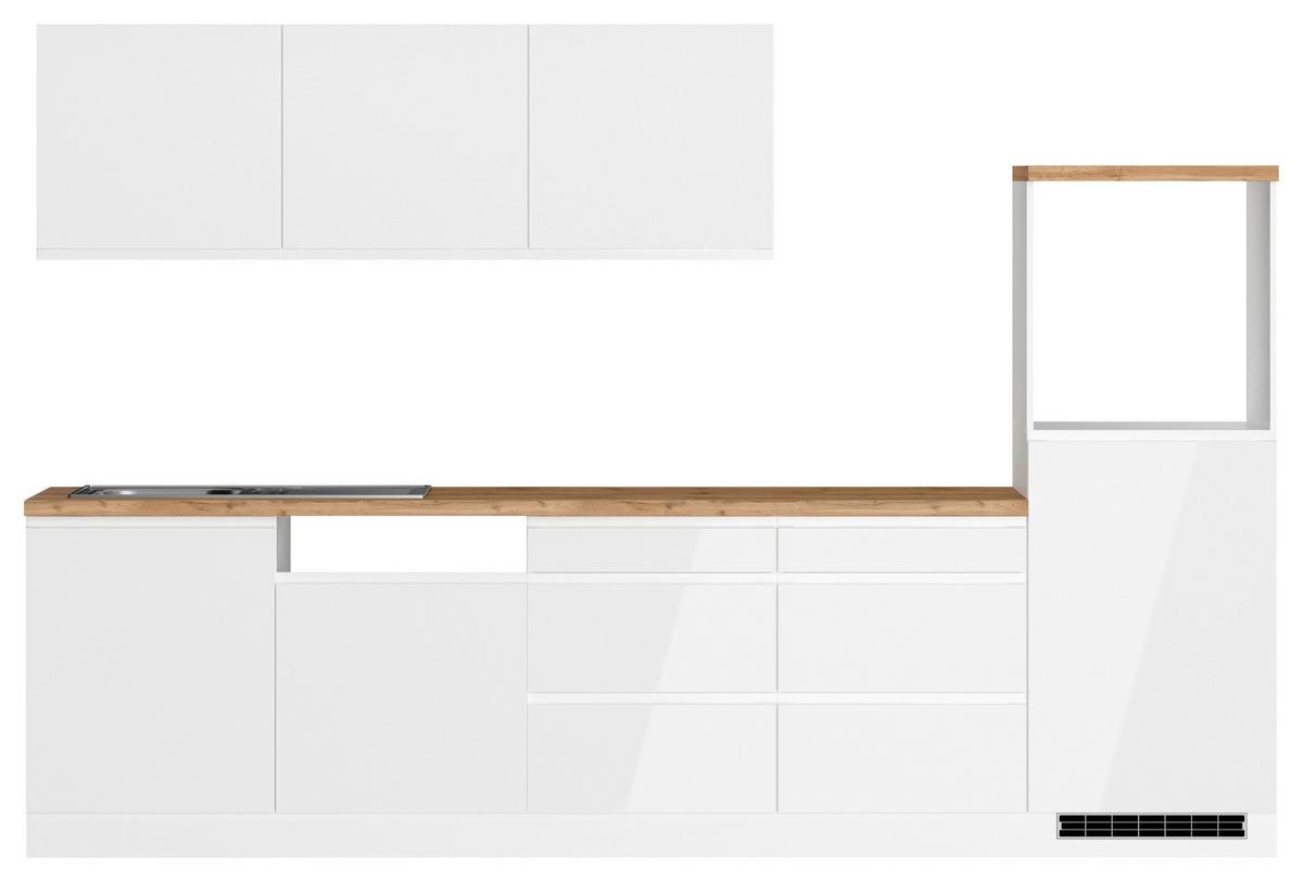 Küchenzeile Monza ohne Geräte B: 300 cm Weiß/Eiche Dekor - Weiß Hochglanz/Eiche Wotan, LIFESTYLE, Holzwerkstoff (300cm) - Held
