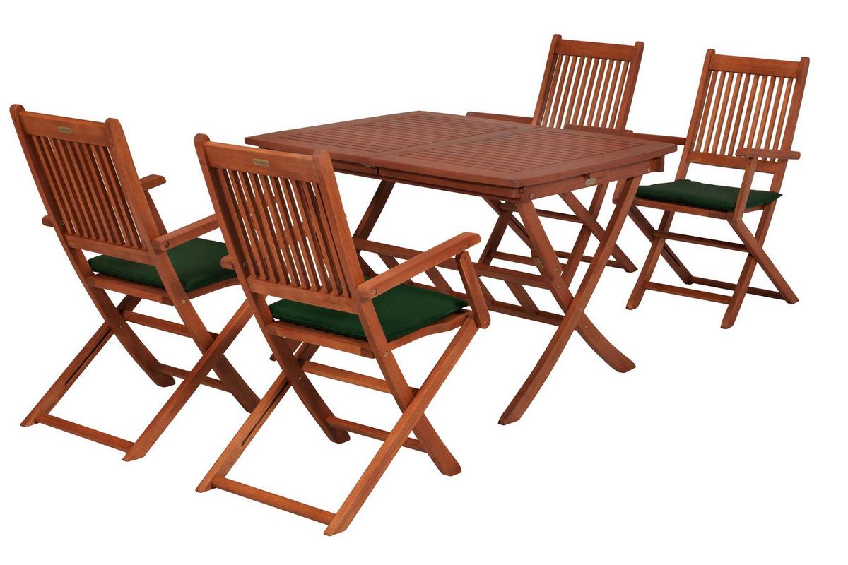 Gartentischgruppe Rio 5 -Teilig. Grün/Naturfarben - Eukalyptusholzfarben/Grün, KONVENTIONELL, Holz/Textil - Gardenson