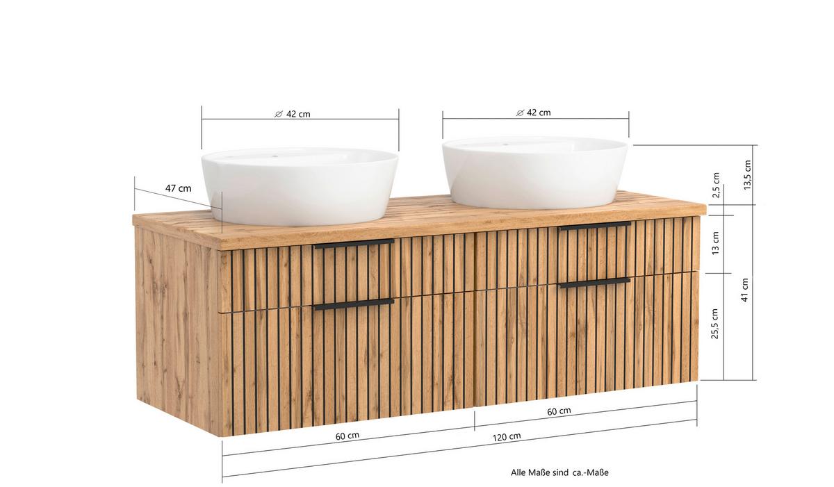 Waschbecken Mit Unterschrank Chester B: 120 Cm - Eiche Wotan/Schwarz, MODERN, Holzwerkstoff/Stein (120cm) - Held