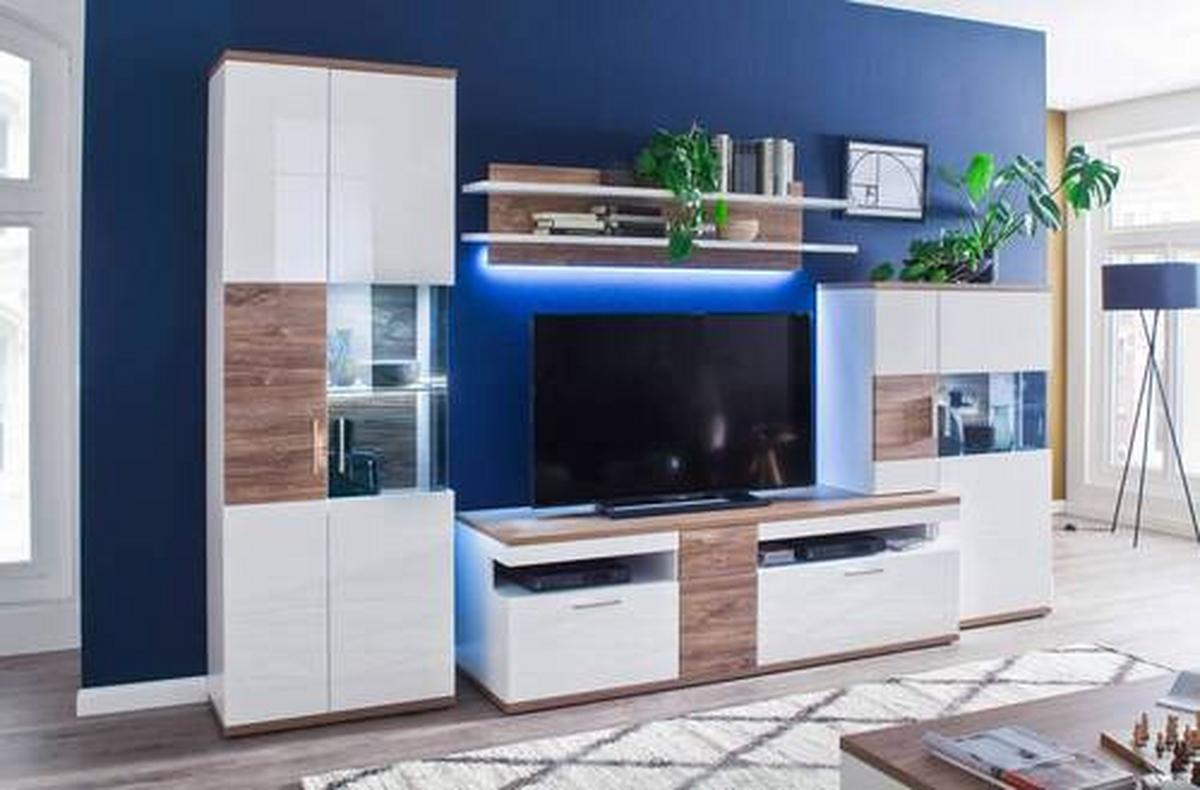 Wohnkombination 4-Tlg. Luzern Weiß/Eichefarben - Eichefarben/Weiß, Design, Glas/Holzwerkstoff (320/199/50cm) - Livetastic