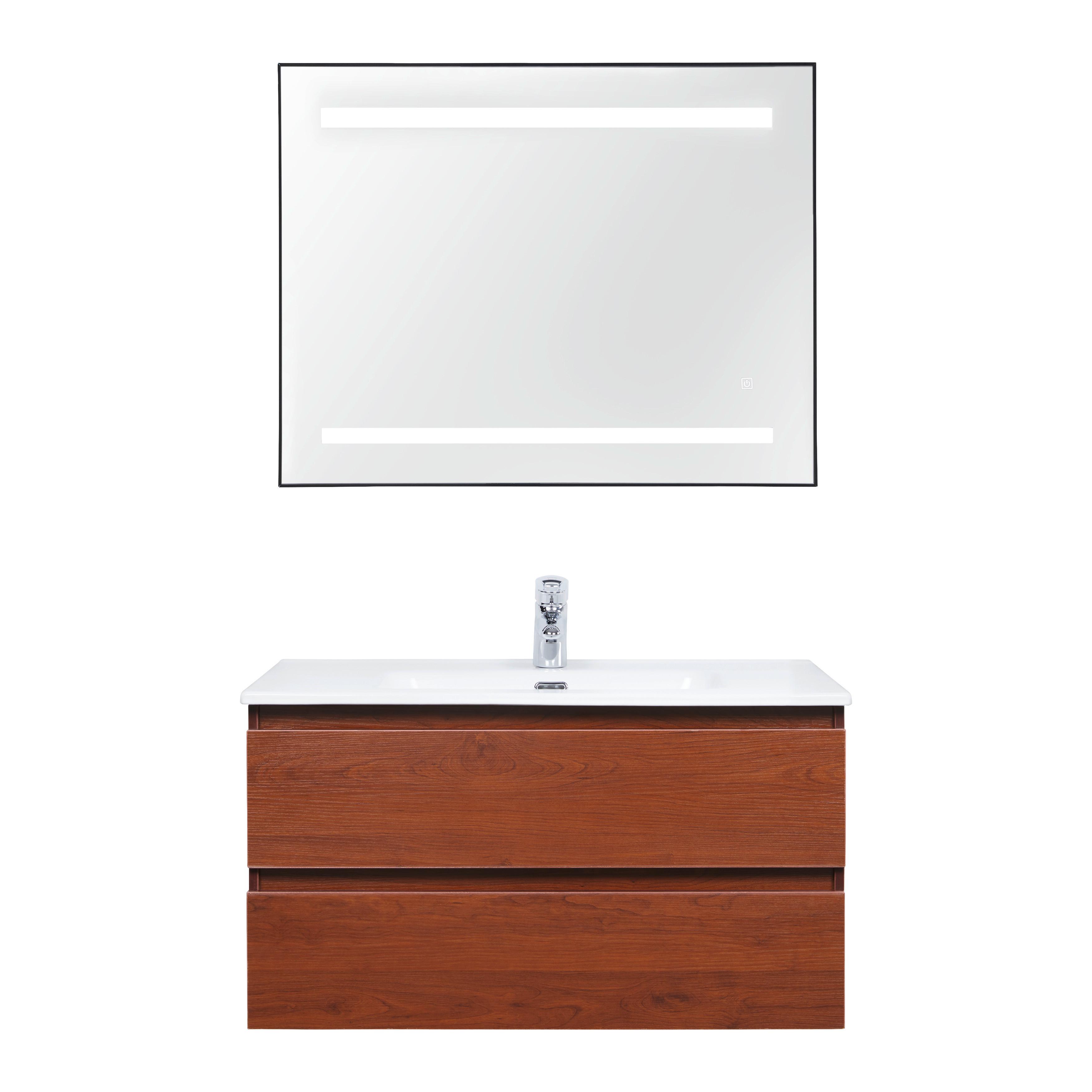 Skříňka s umyvadlem a LED zrcadlem DAVIDE - bílá/přírodní barvy, Moderní, kompozitní dřevo/keramika (91/50/46,5cm) - Livetastic
