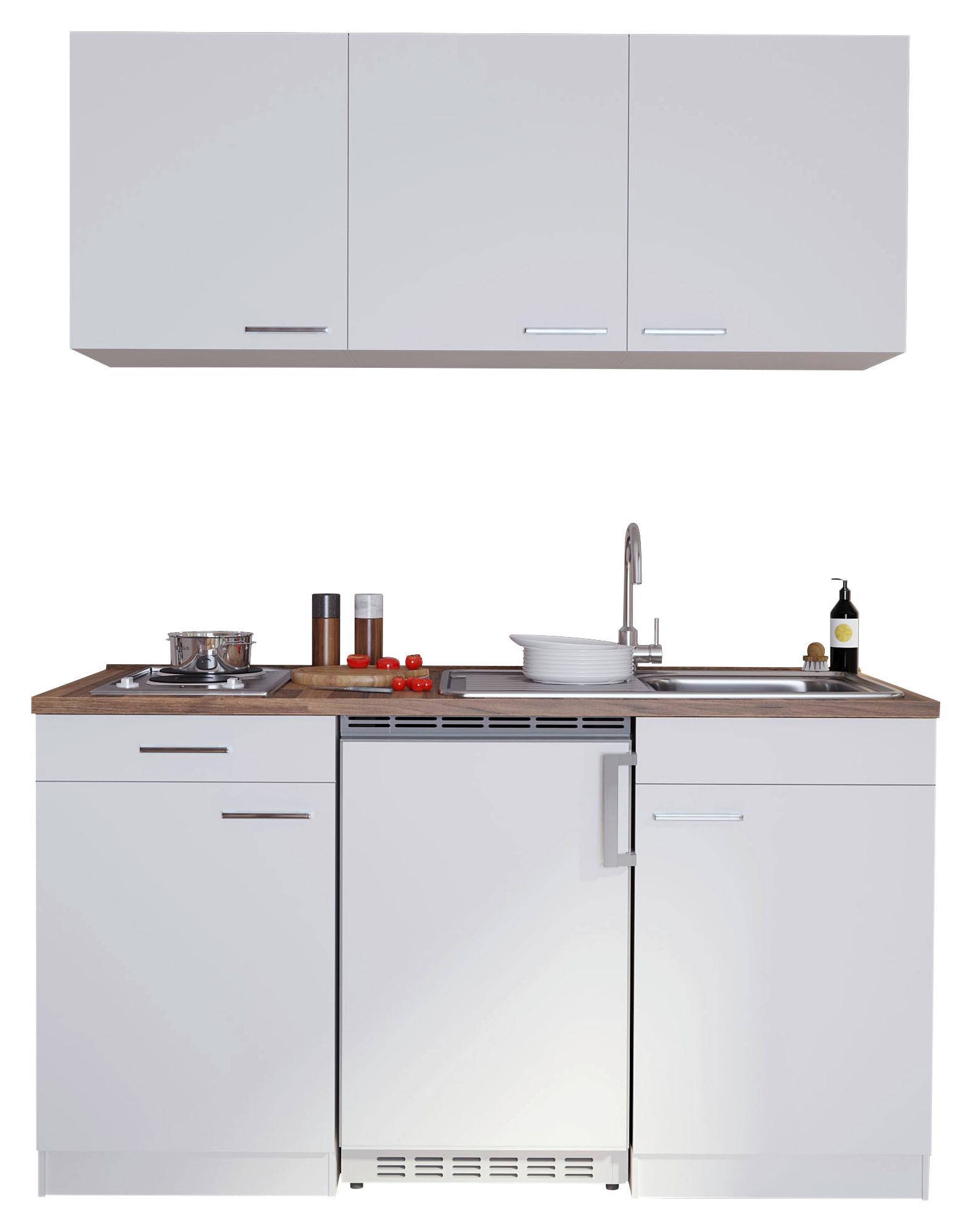 Miniküche Economy mit Geräten 150 cm Weiß/ Nussbaum Dekor - Nussbaumfarben/Weiß, Basics, Holzwerkstoff (150cm) - Respekta