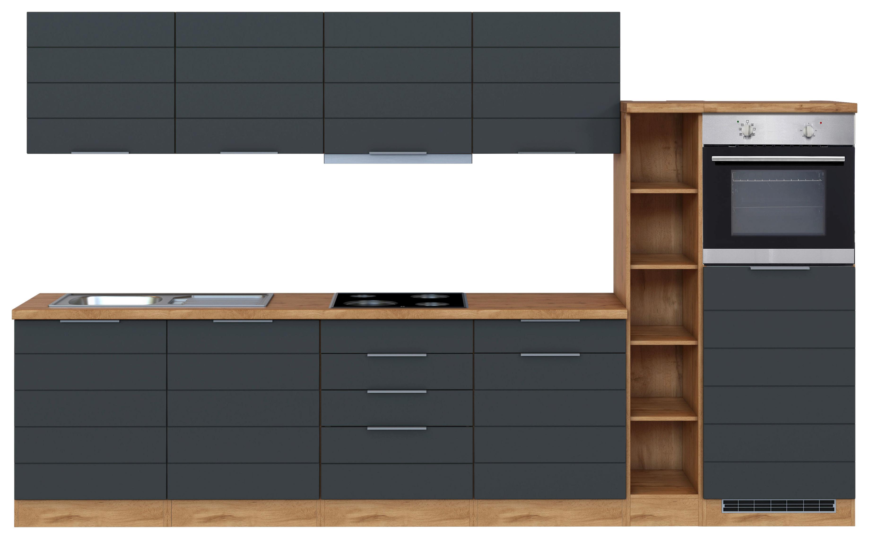 Küchenzeile Florenz mit Geräten 330 cm Grau/Eichefarben - Eiche Wotan/Grau, Design, Holzwerkstoff (330cm) - Held