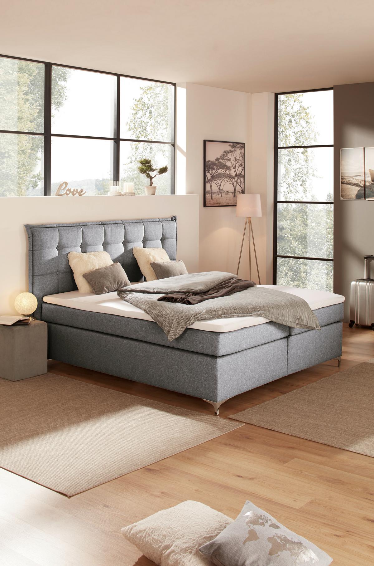 Boxspringbett mit Topper 180x200cm Fabio, Grau - Grau, MODERN, Textil (180/200cm)