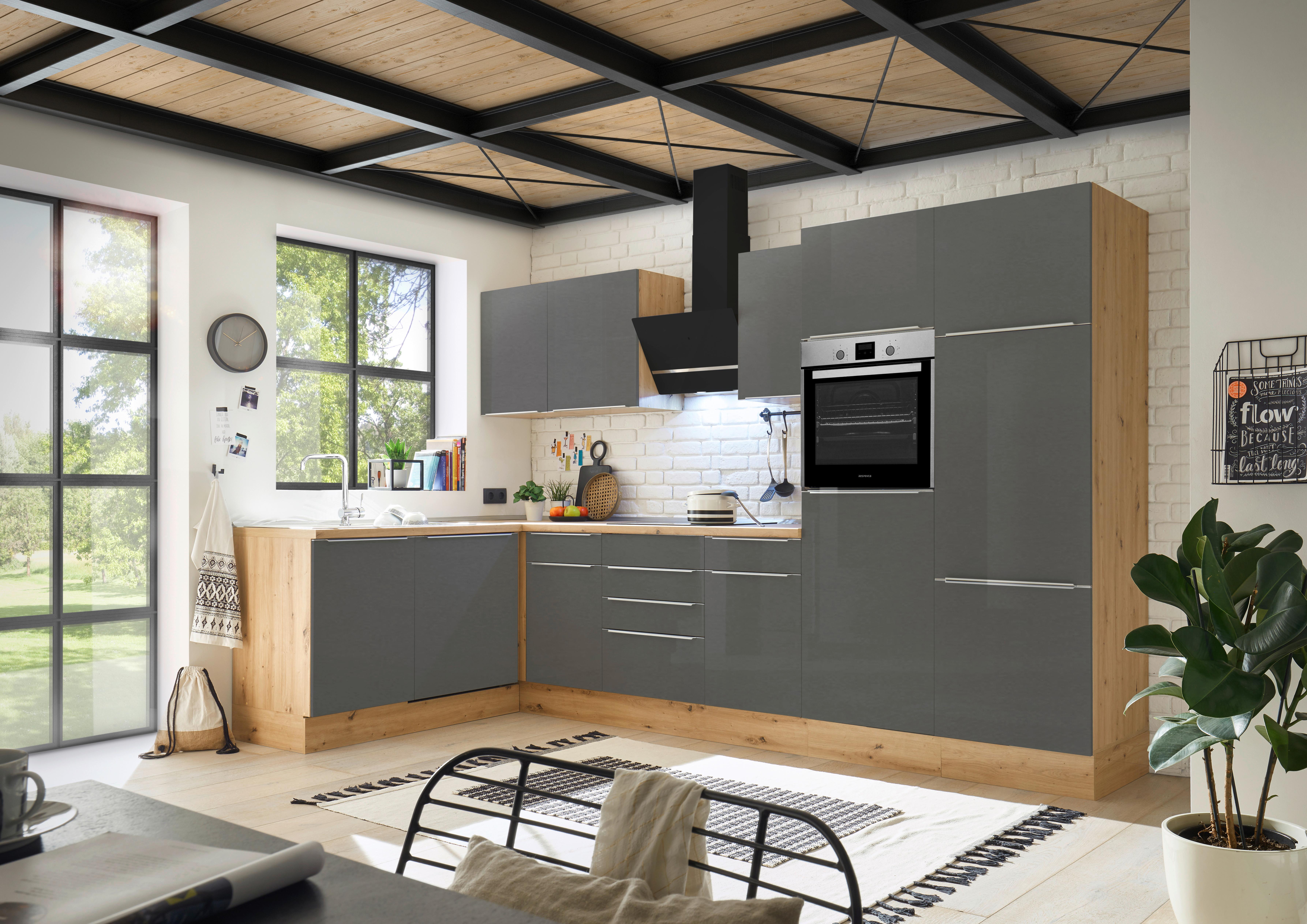 Eckküche mit Geräten 340x170 cm Grau/Eiche Dekor, Modern