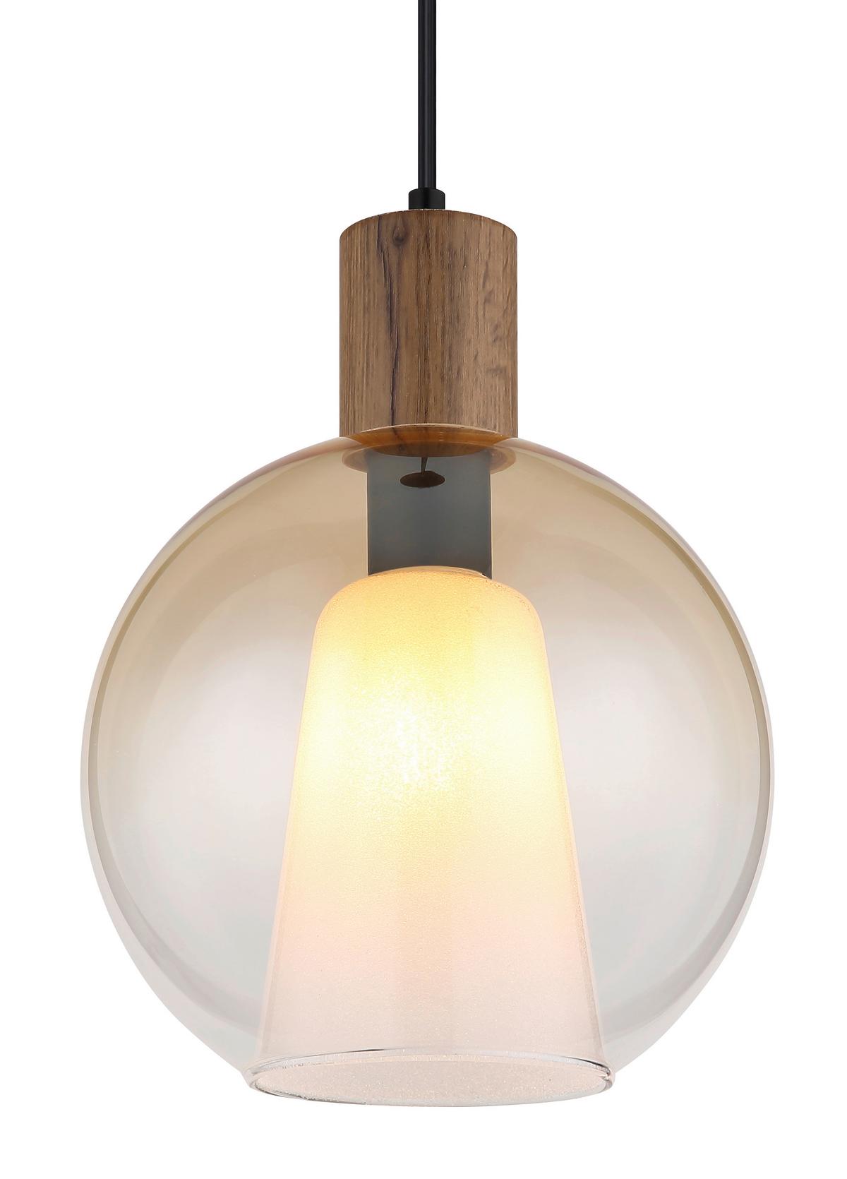 Hängeleuchte Barry D: 25 cm Schwarz Bernsteinfarben Braun - Dunkelbraun/Bernsteinfarben, Basics, Glas/Holzwerkstoff (25/120cm) - Globo