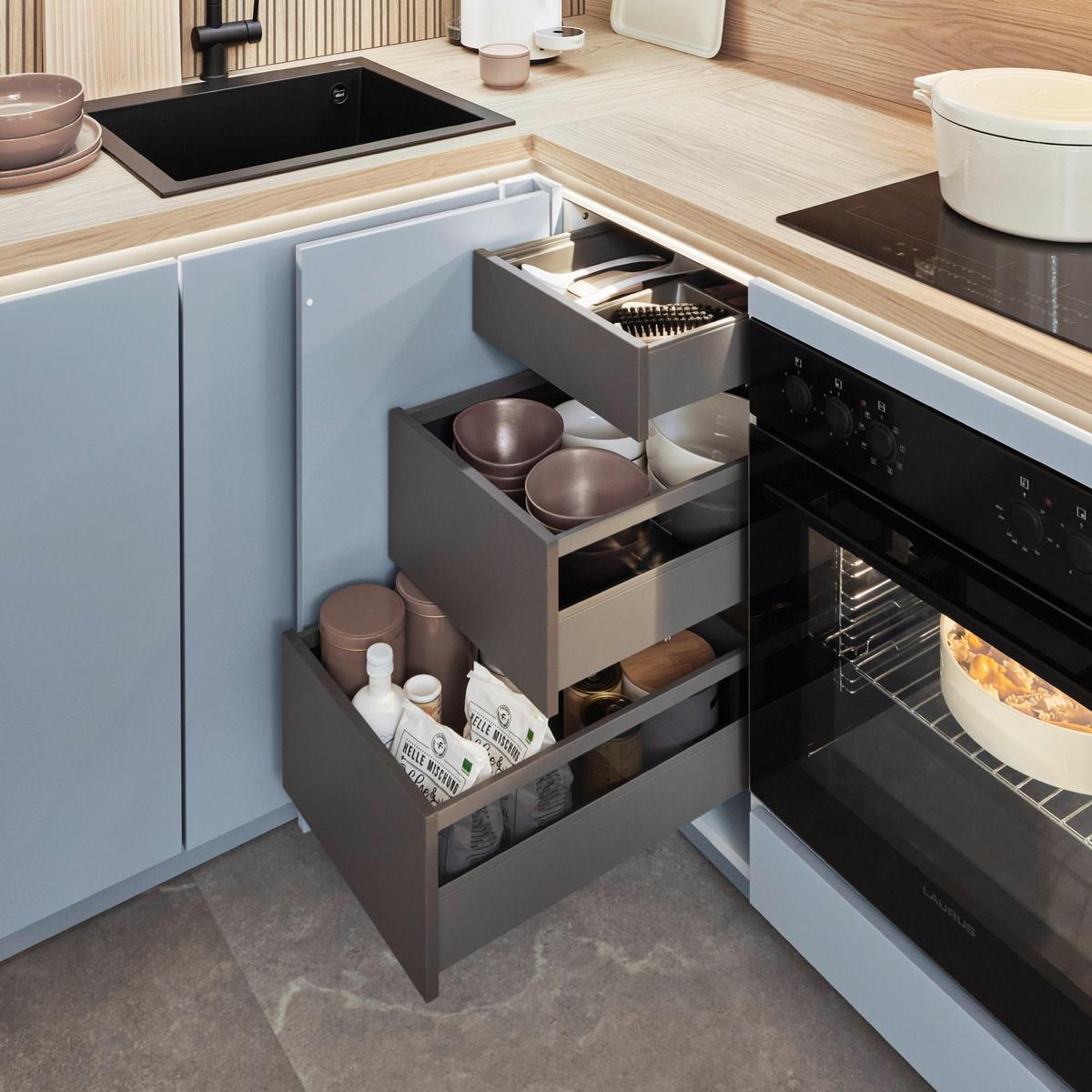 Eckküche Sidney/singapur - Sandfarben/Blau, Basics, Holzwerkstoff (288/185cm) - Vertico