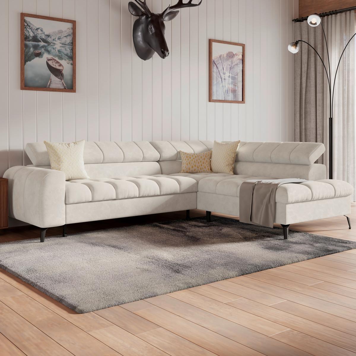 Ecksofa mit Schlaffunktio Volf cremefarben 261x203 cm - Creme/Schwarz, Trend, Kunststoff/Textil (261/203cm)