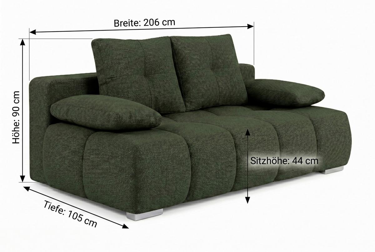 Boxspringsofa mit Bettkasten Webstoff wintermoos, B: 206 - Waldgrün/Chromfarben, Trend, Holzwerkstoff/Textil (206/90/105cm) - Luca Bessoni
