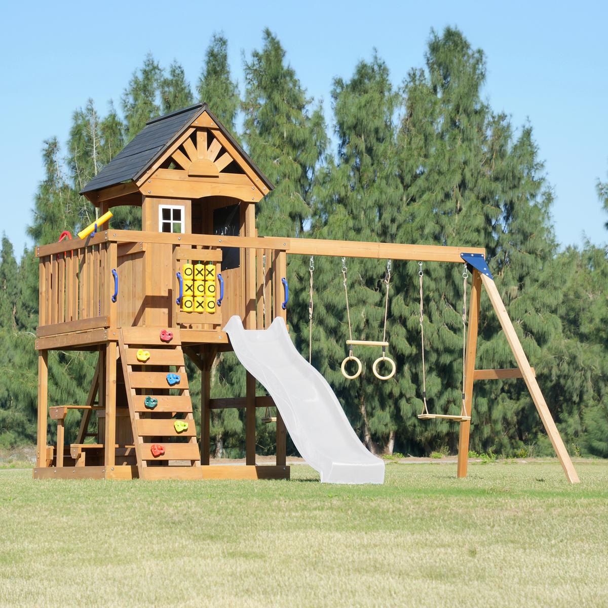 Spielturm mit Rutsche Weiss - Anthrazit/Braun, Basics, Holz/Kunststoff (435/410/305cm) - Ambia Garden