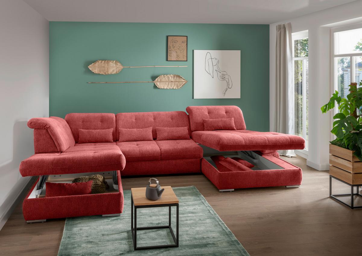 Wohnlandschaft Dalida Rot U: 254x376x195 Cm - Chromfarben/Rot, MODERN, Textil (254/376/195cm) - Livetastic