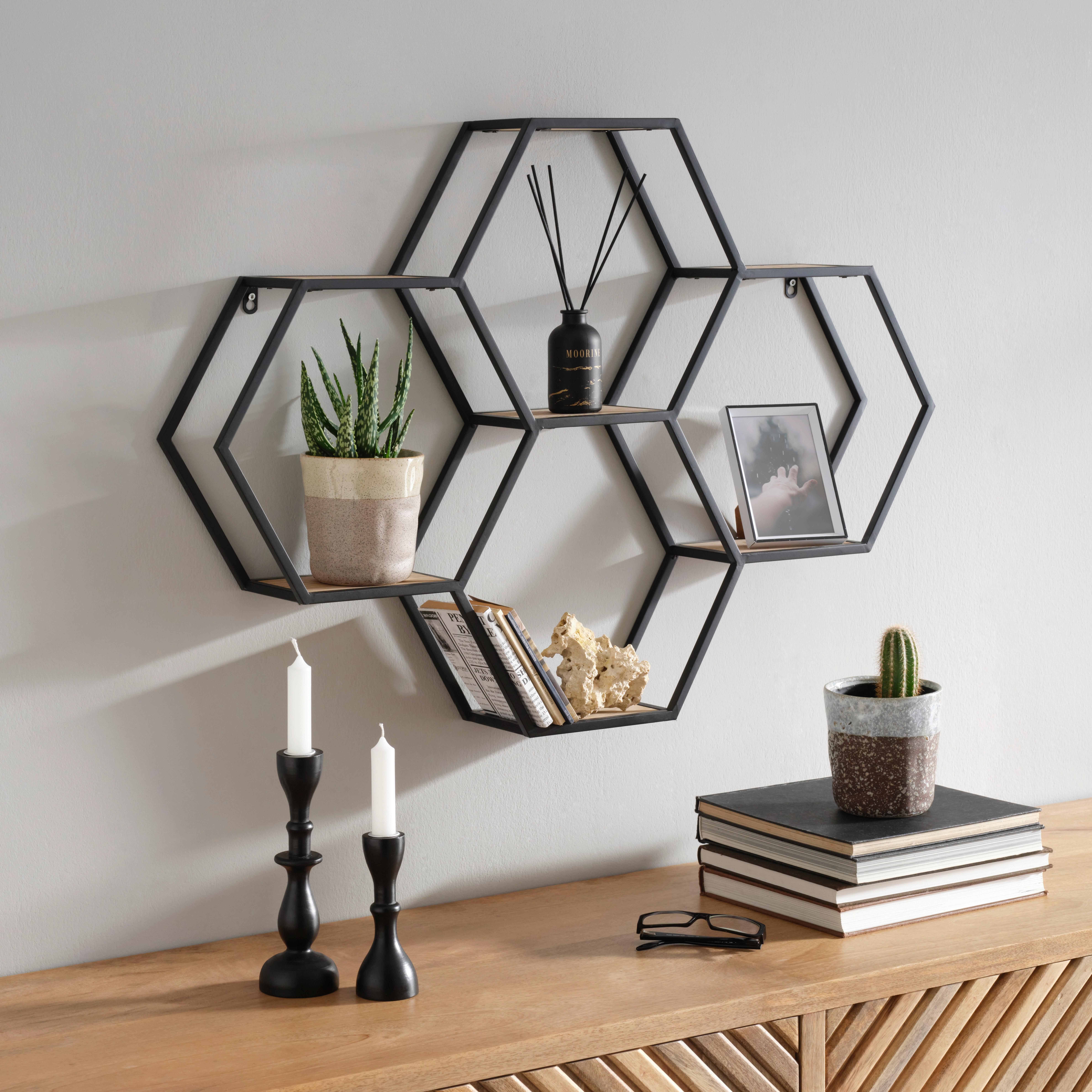 Nástěnný regál černá kov - černá/přírodní barvy, Lifestyle, kov/dřevo (88/63/12cm) - Premium Living