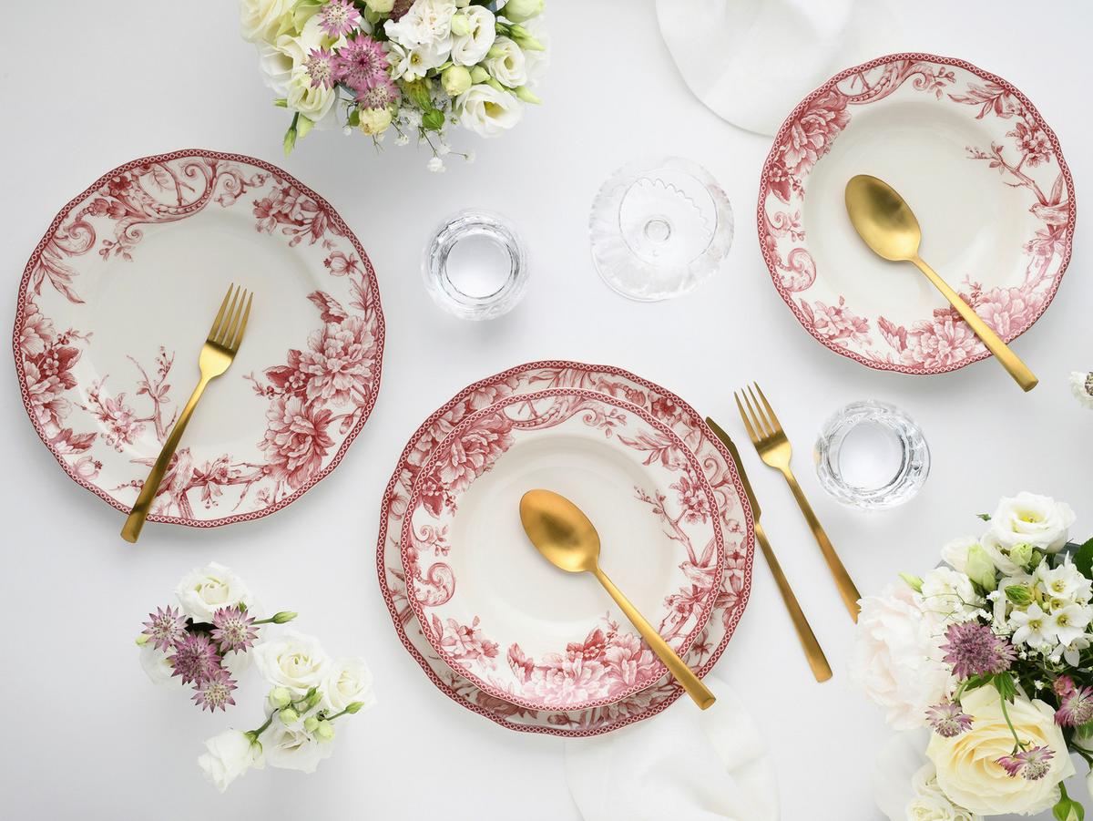 Tafelservice 8-Teilig. weiß/Bordeaux - Bordeaux/Weiß, Basics, Keramik - Creatable