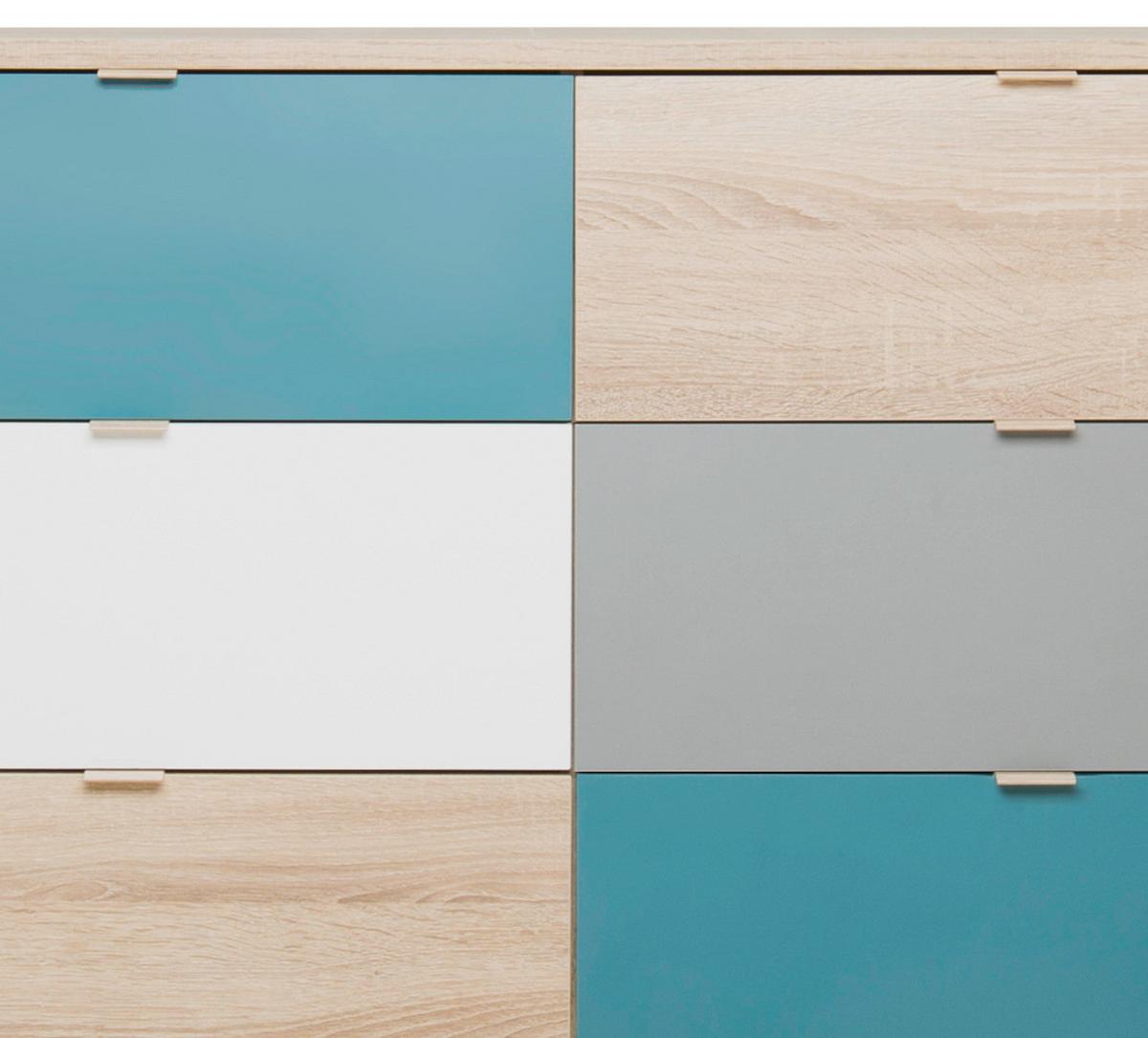 Kommode B 120cm Cuba 3-trend, Eiche Dekor/grau, Weiß, Petrol - Eichefarben/Petrol, Trend, Holzwerkstoff (120/85/40cm) - MID.YOU